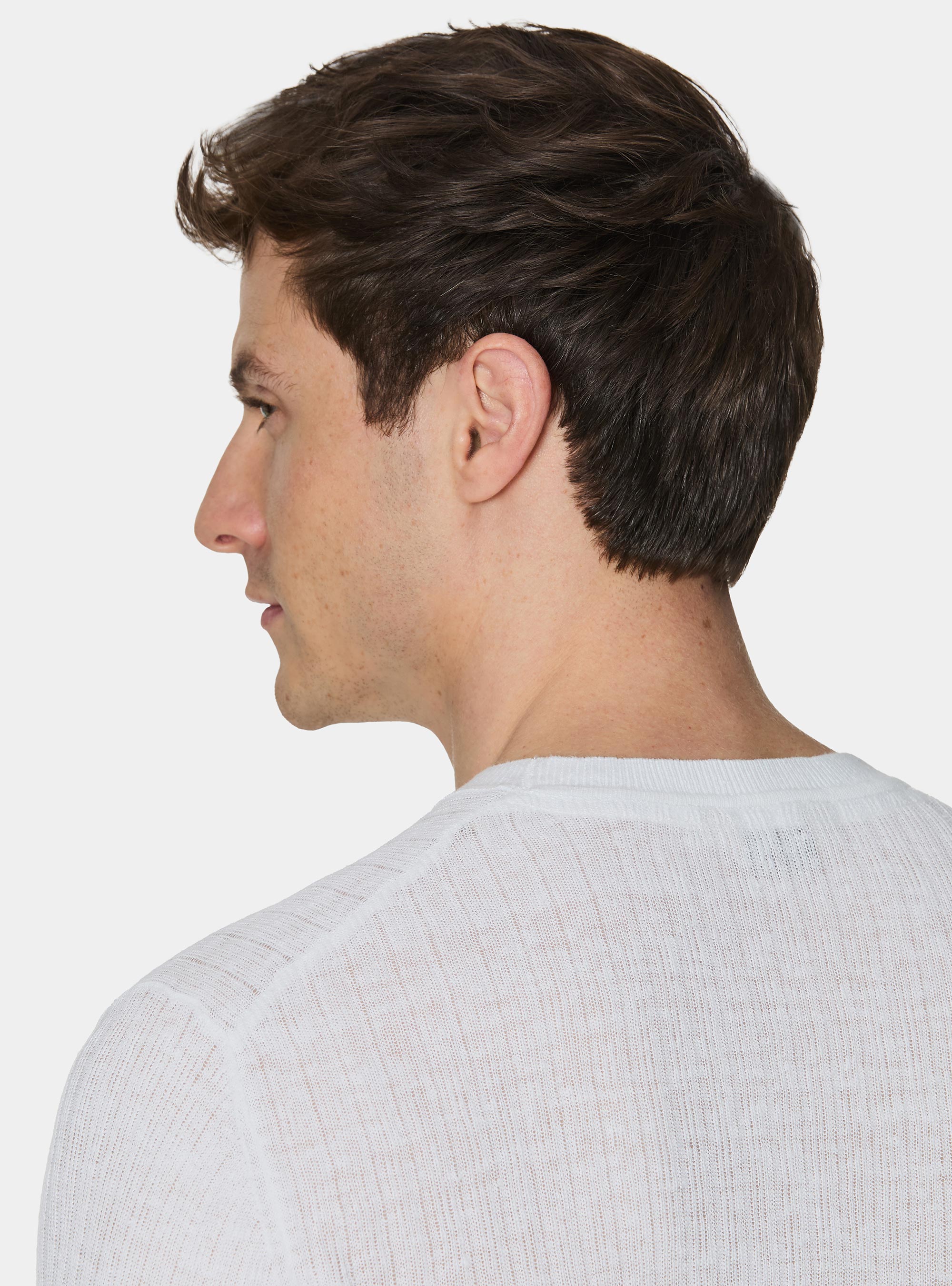 Punto cuello redondo acanalado de puro lino, BLANCO