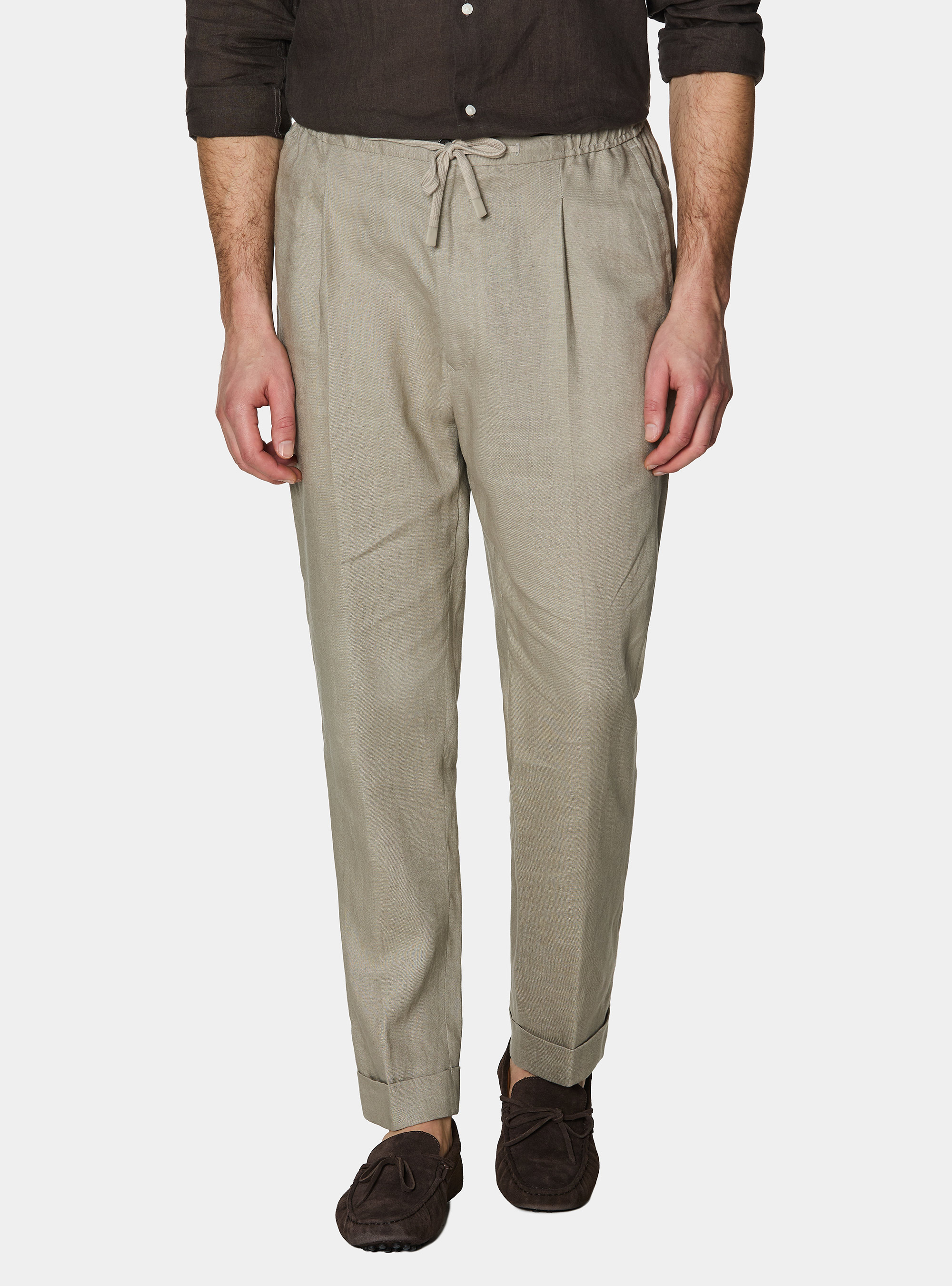 Pure linen trousers with pleat and drawstring, SAND