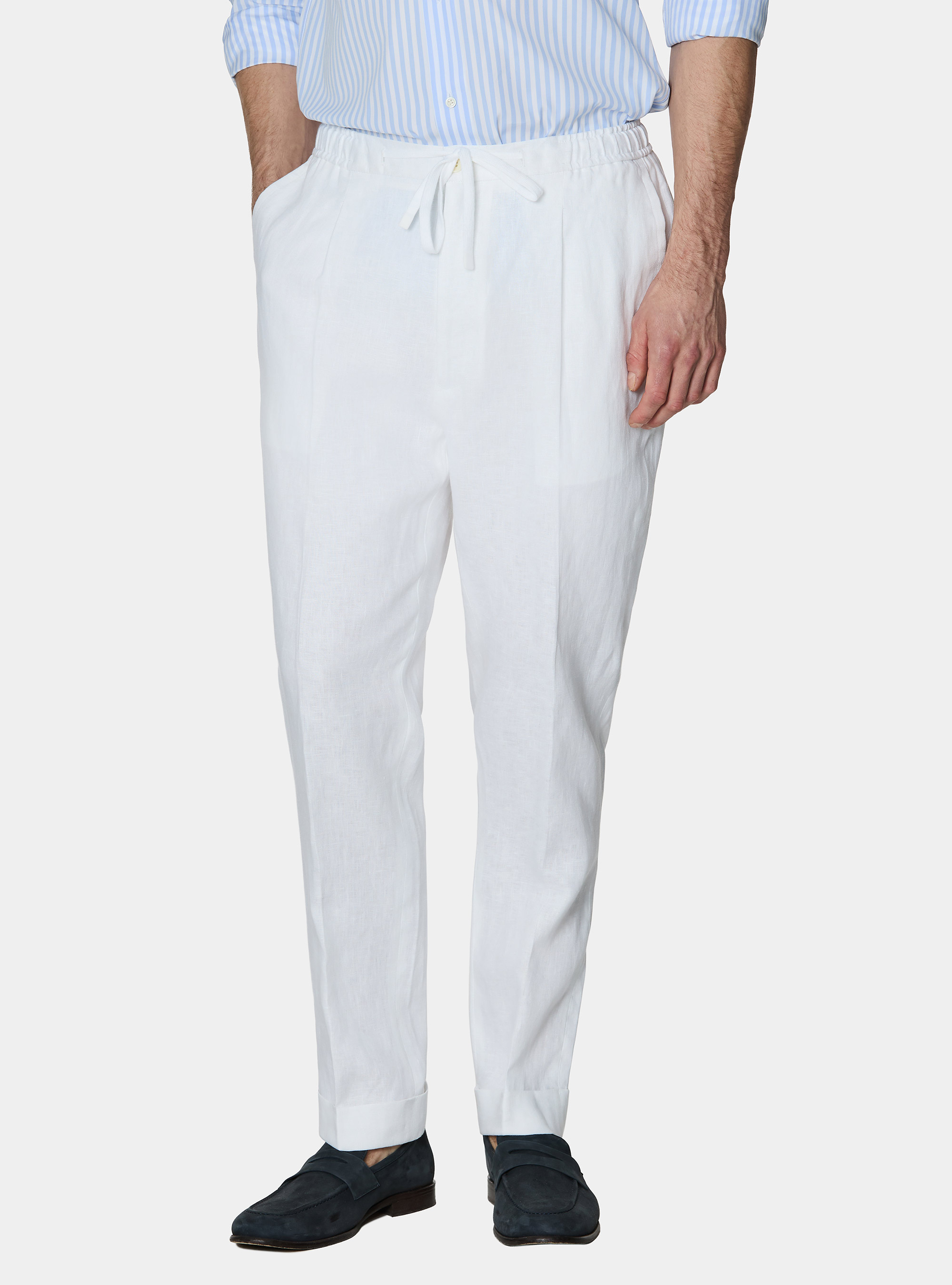 Pure linen trousers with pleat and drawstring, WHITE
