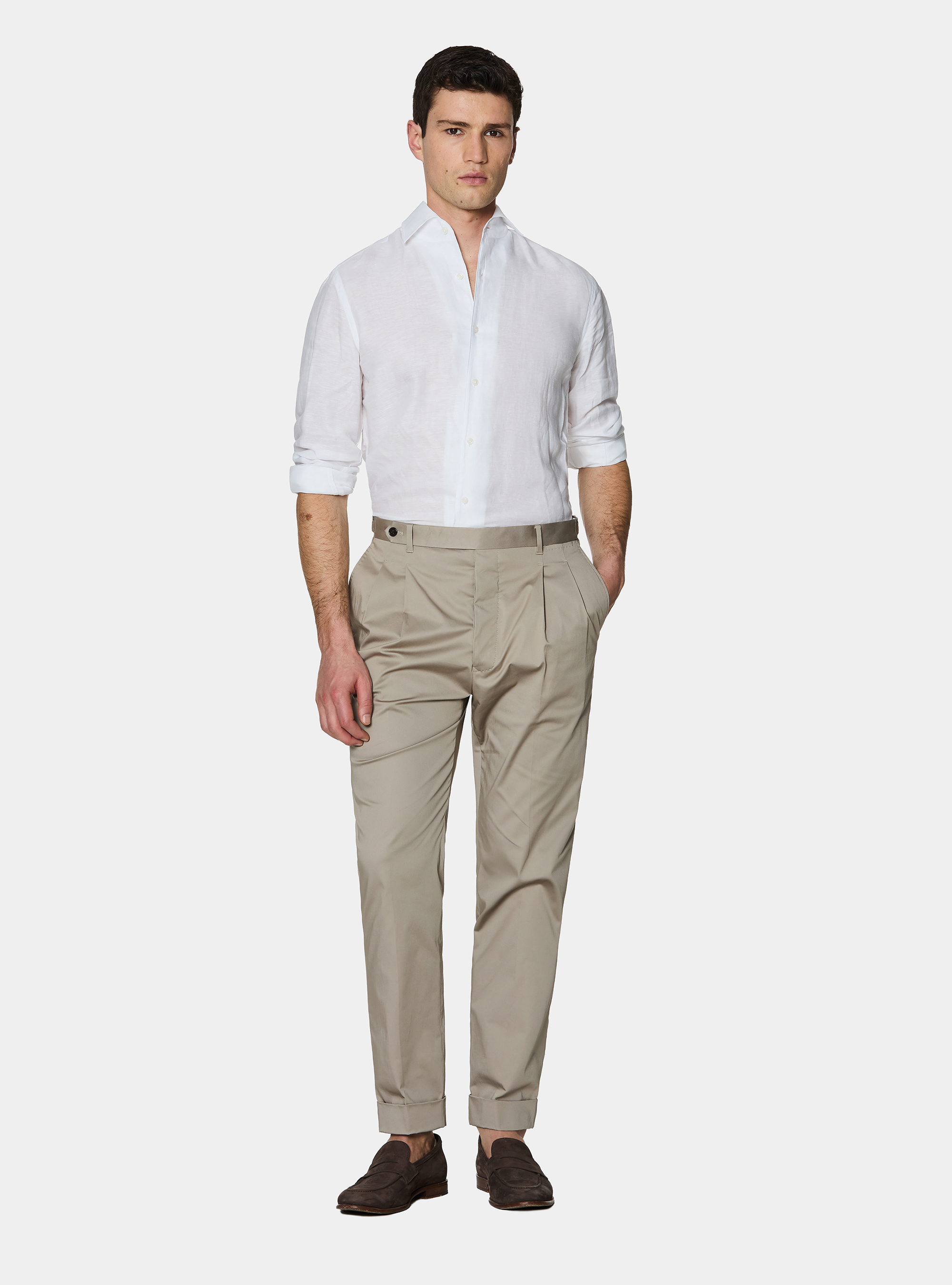Stretch poplin cotton pleated trousers, SAND