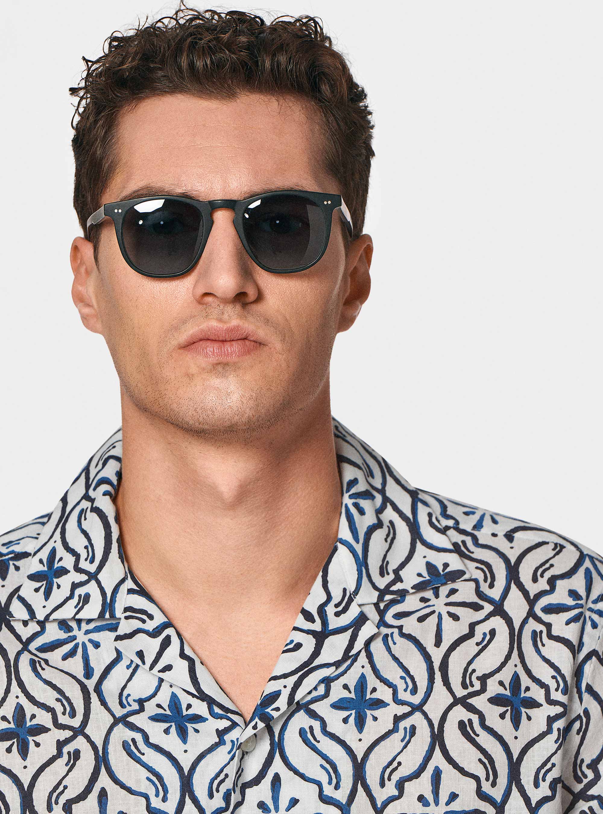 Bowling shirt in linen and printed cotton, NAVY BLUE