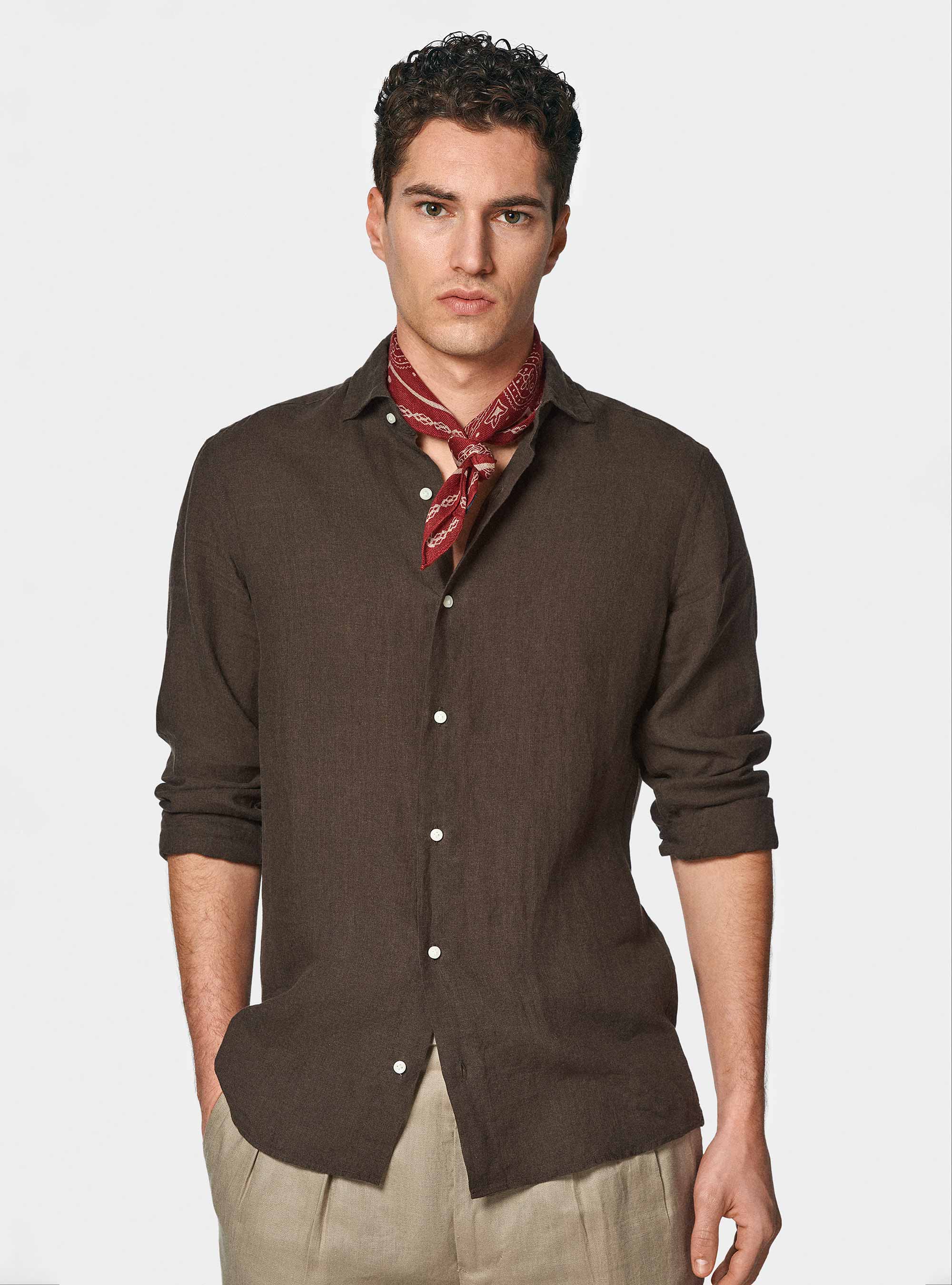 Chemise en pur lin, MARRON