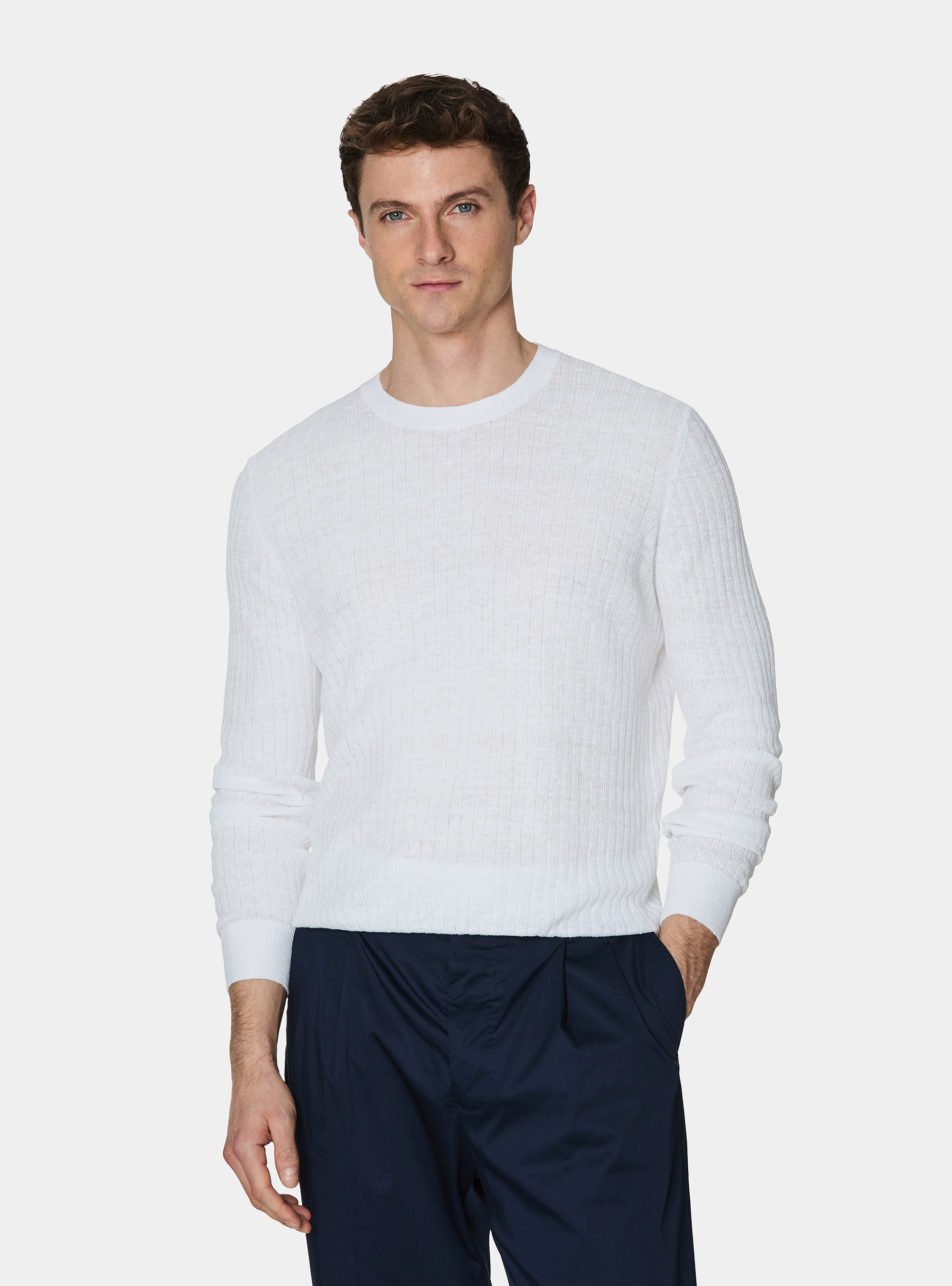 Pure linen ribbed crew neck sweater, WHITE