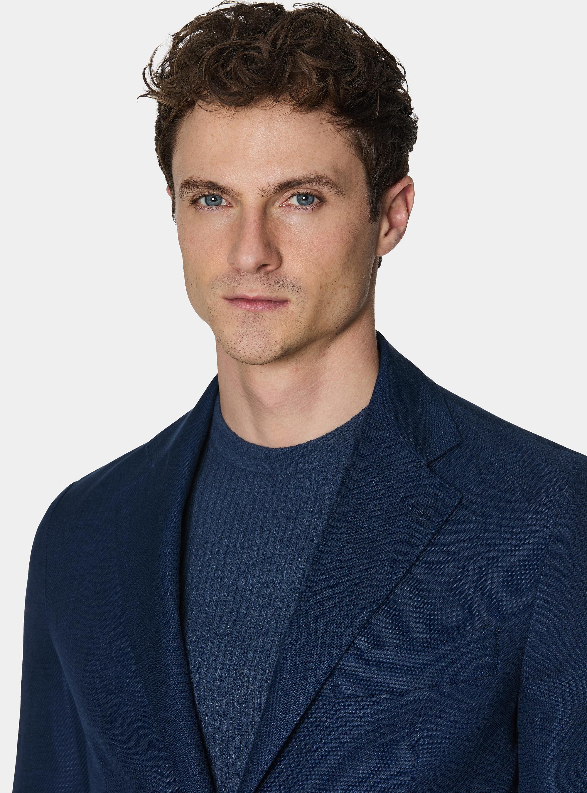 Blazer in cotton and slubbed linen, NAVY BLUE