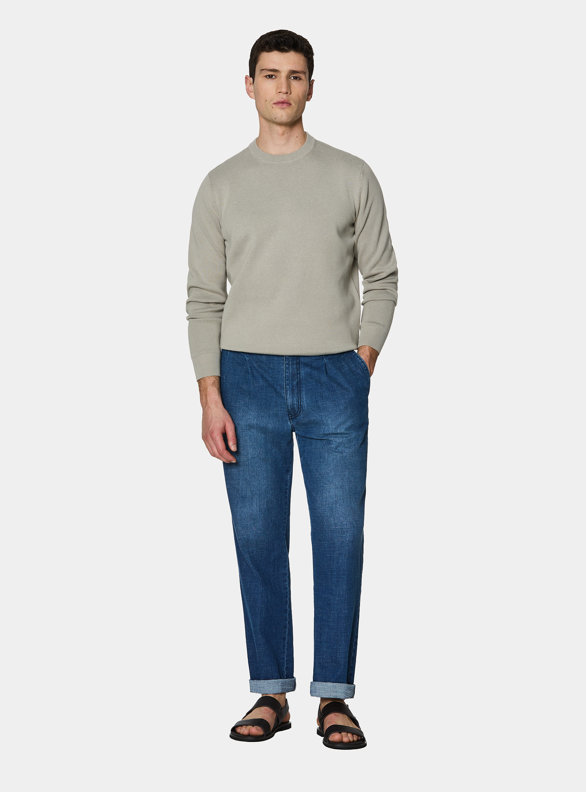 Cotton blend crew neck sweater, SAND