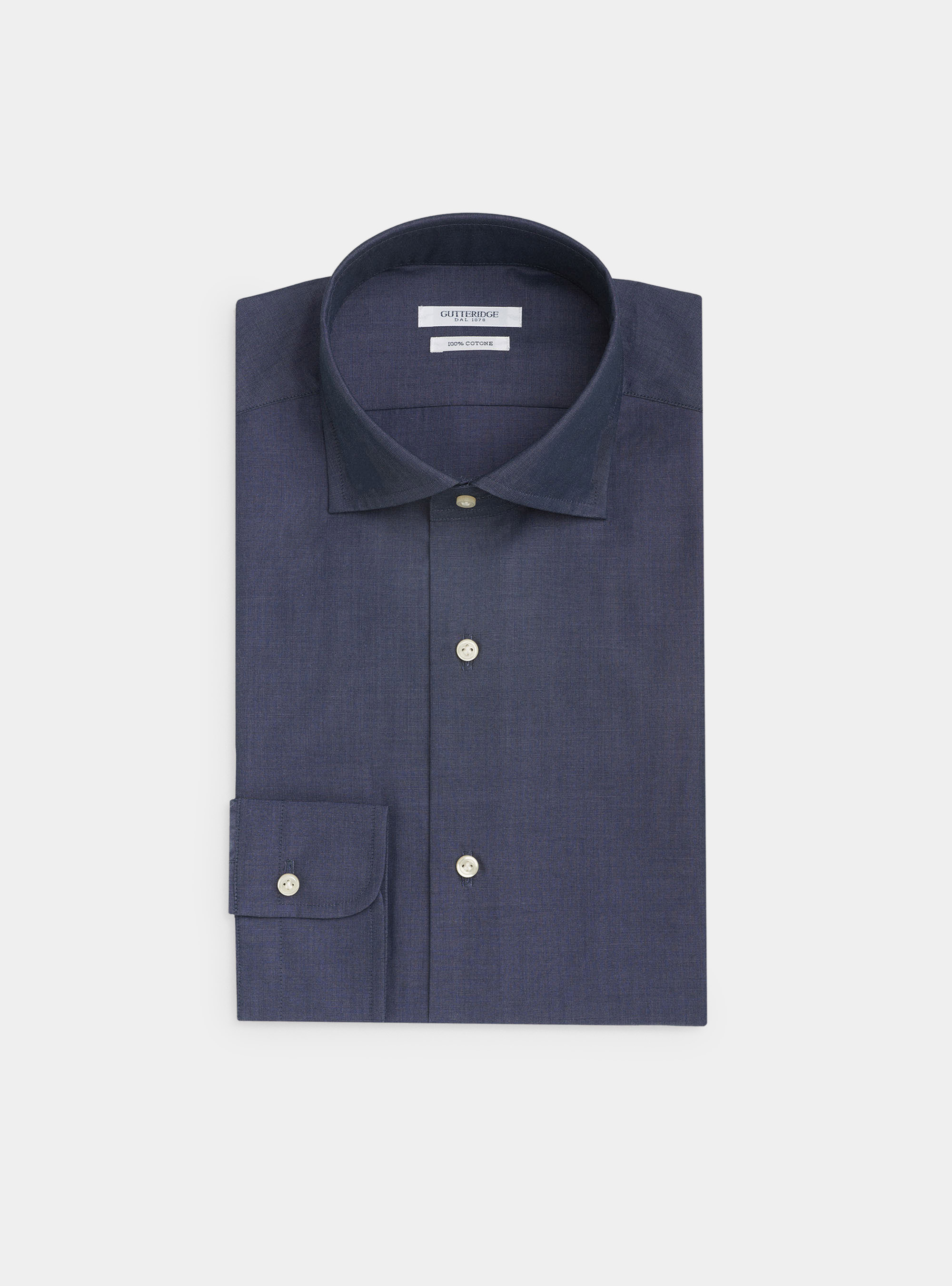 Camicia collo francese semiaperto in fil a fil di cotone, BLU NAVY