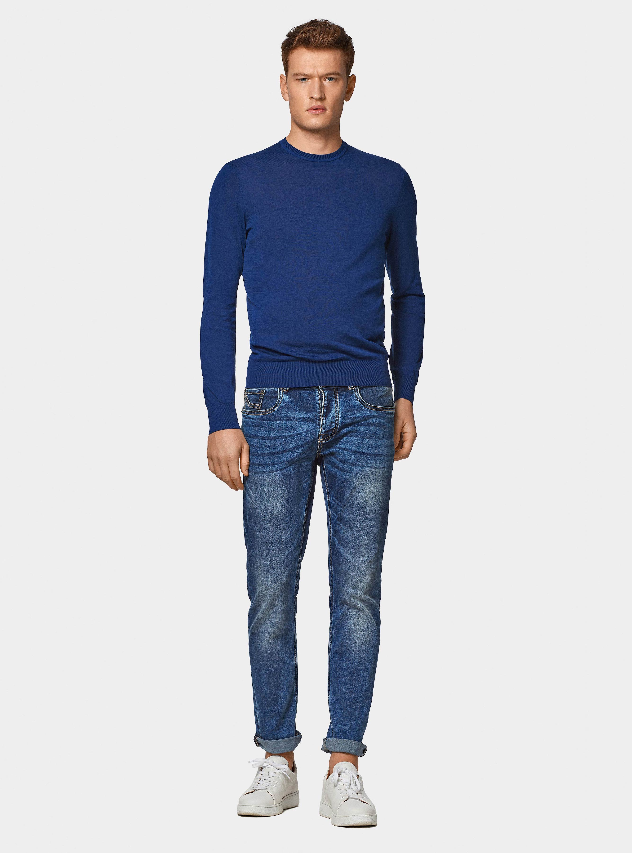 Maglia girocollo in cotone e seta, BLU ROYAL