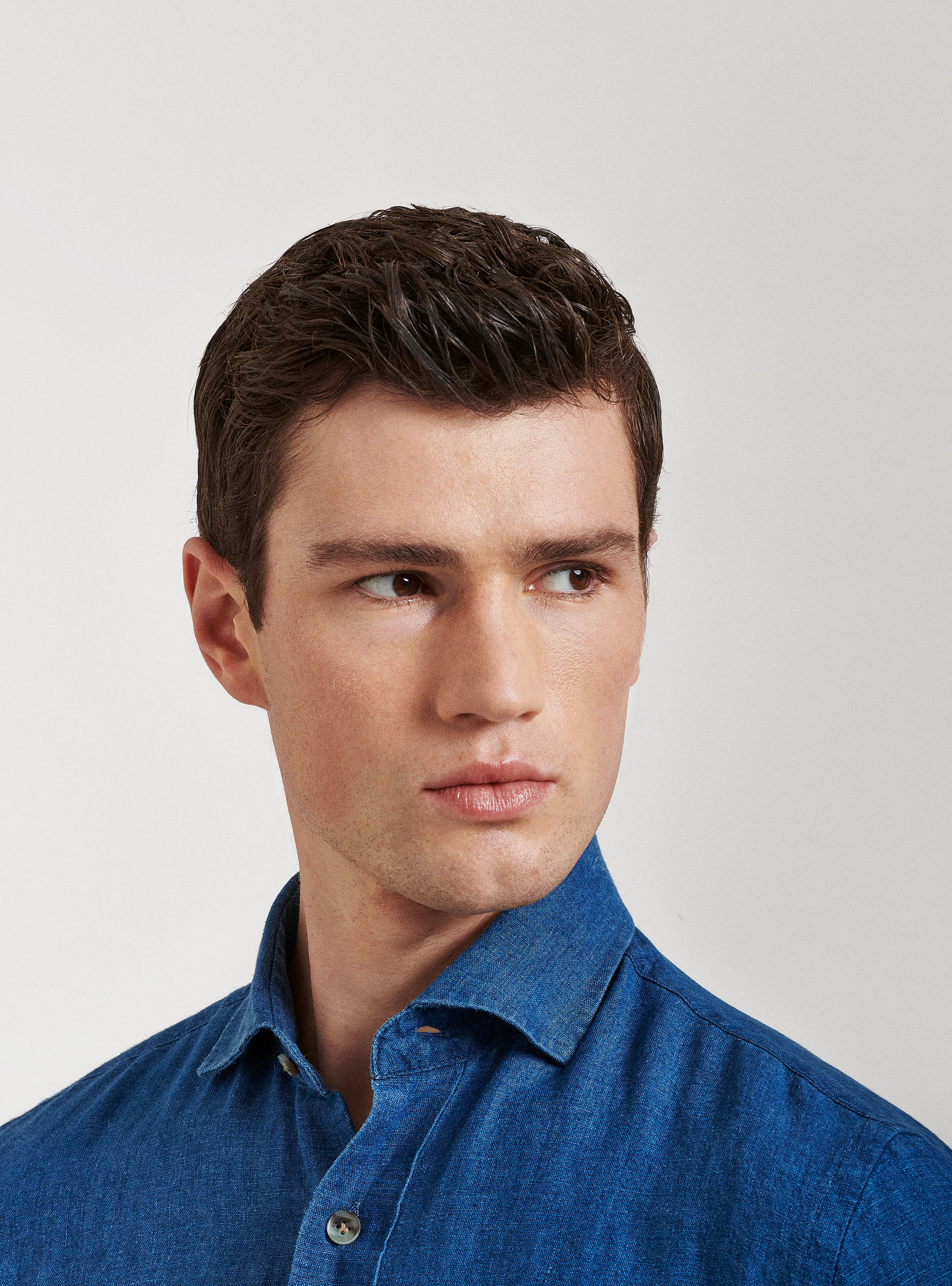 Camicia collo semi francese in lino cotone, BLU