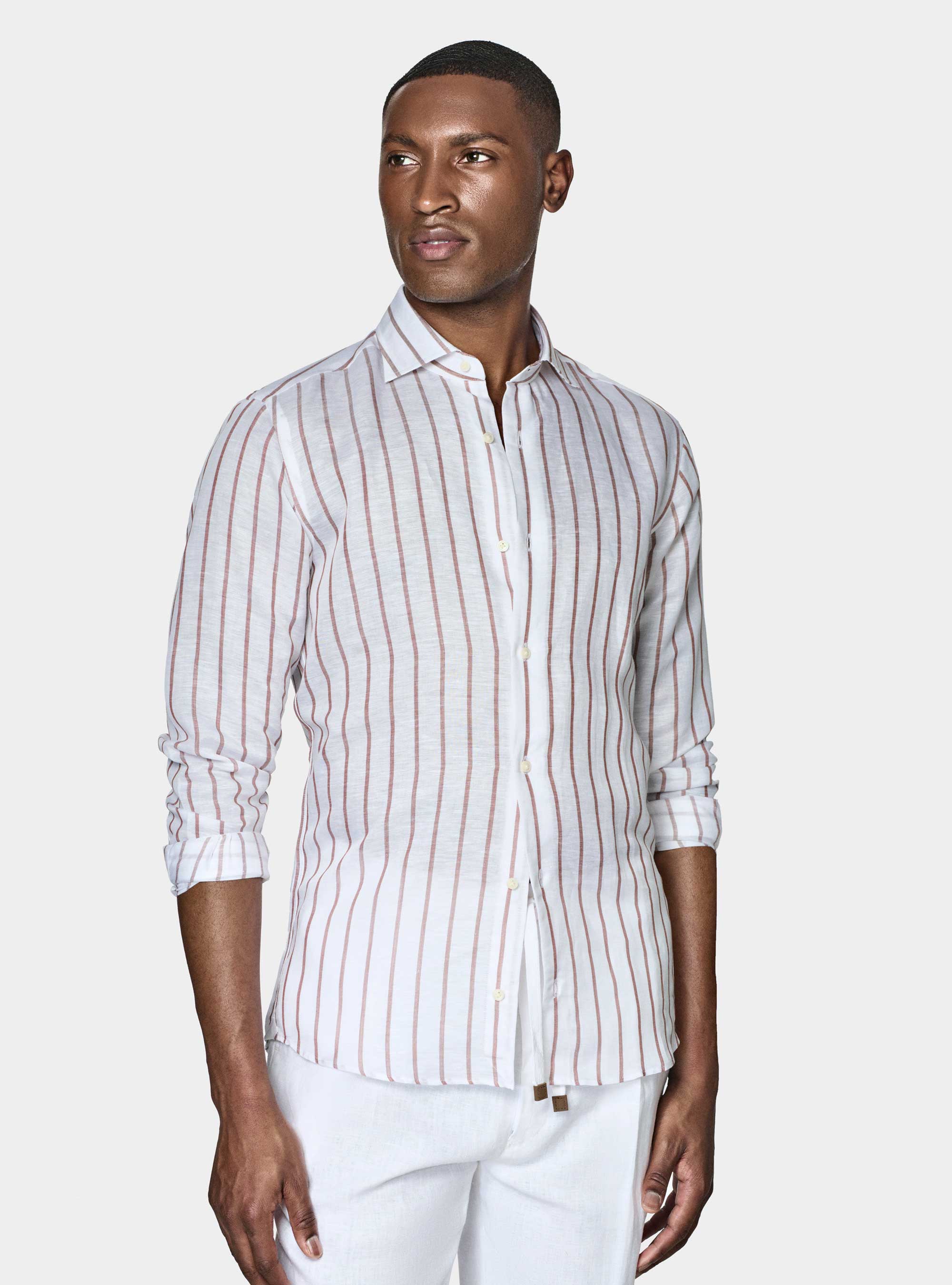 Linen blend striped shirt, BROWN