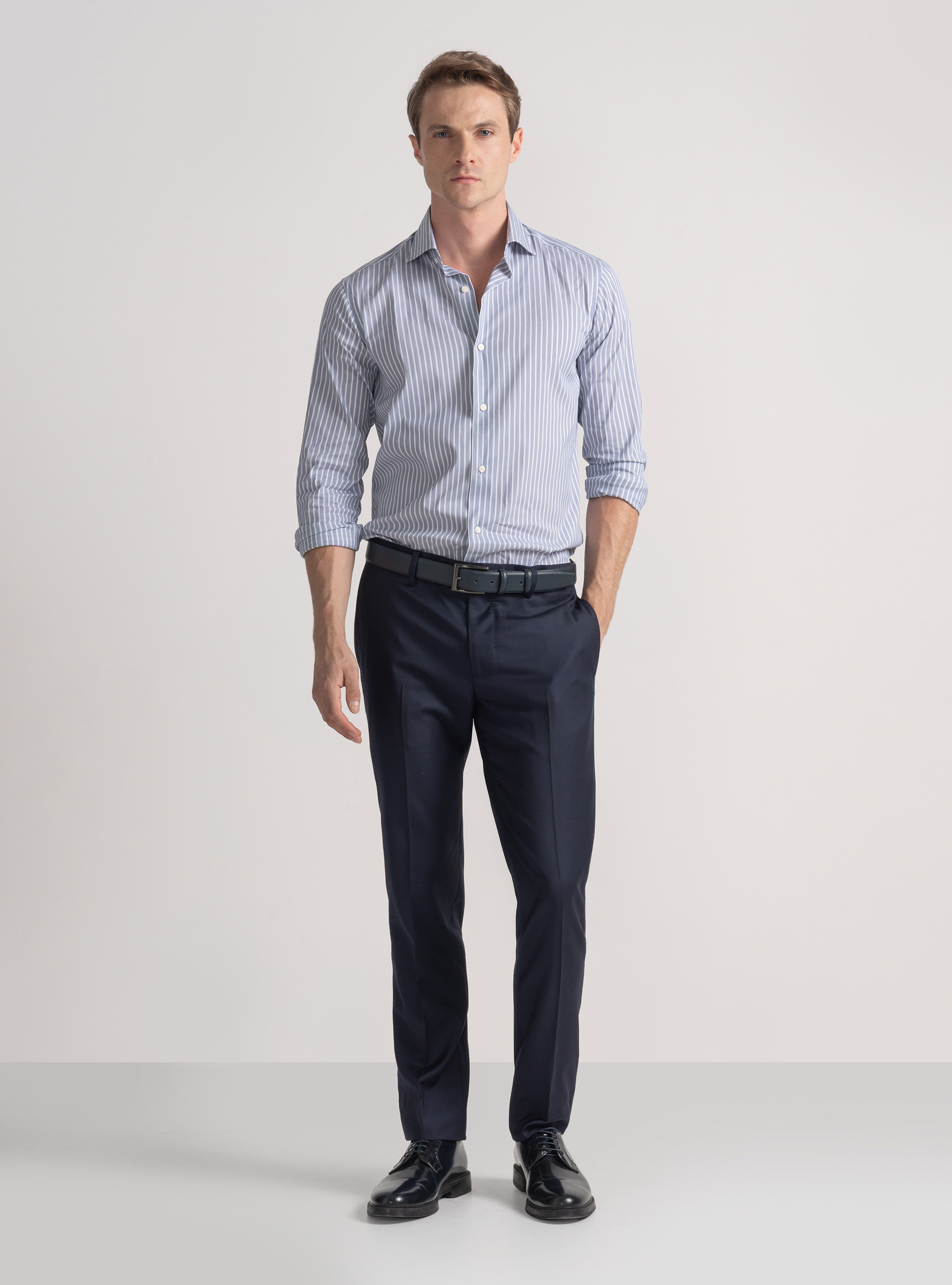 Camicia rigata in misto cotone stretch, BLU