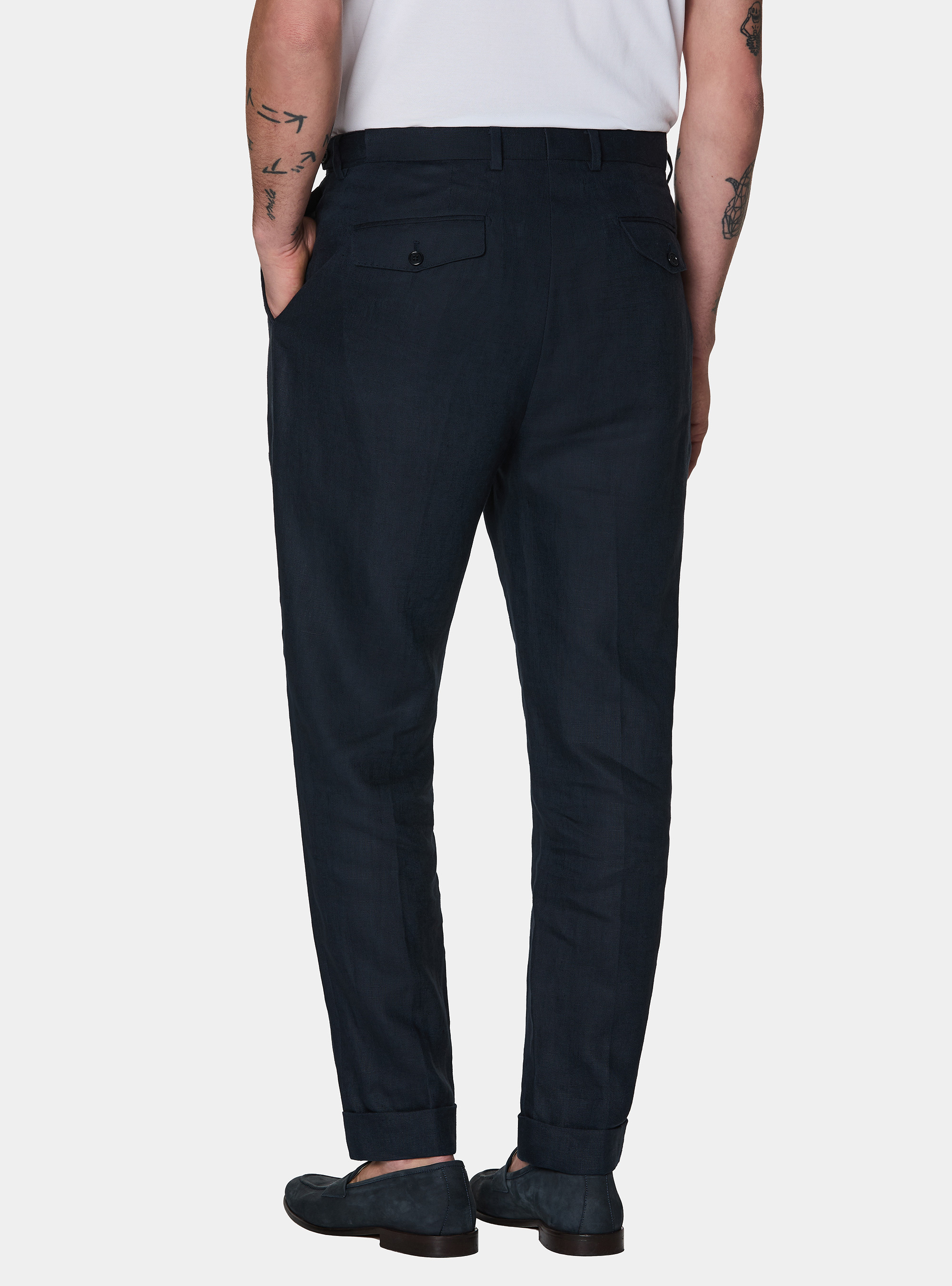 Pure linen double pleat trousers, NAVY BLUE