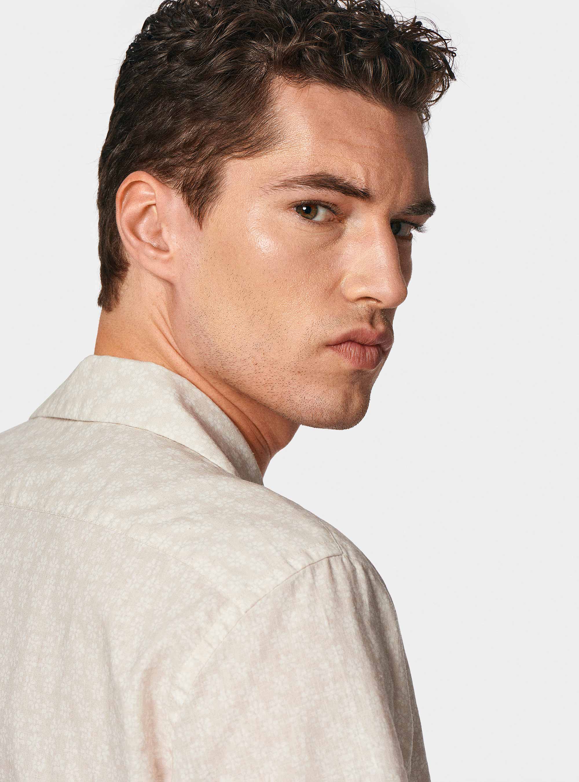 Bowling shirt in linen and printed cotton, ECRU