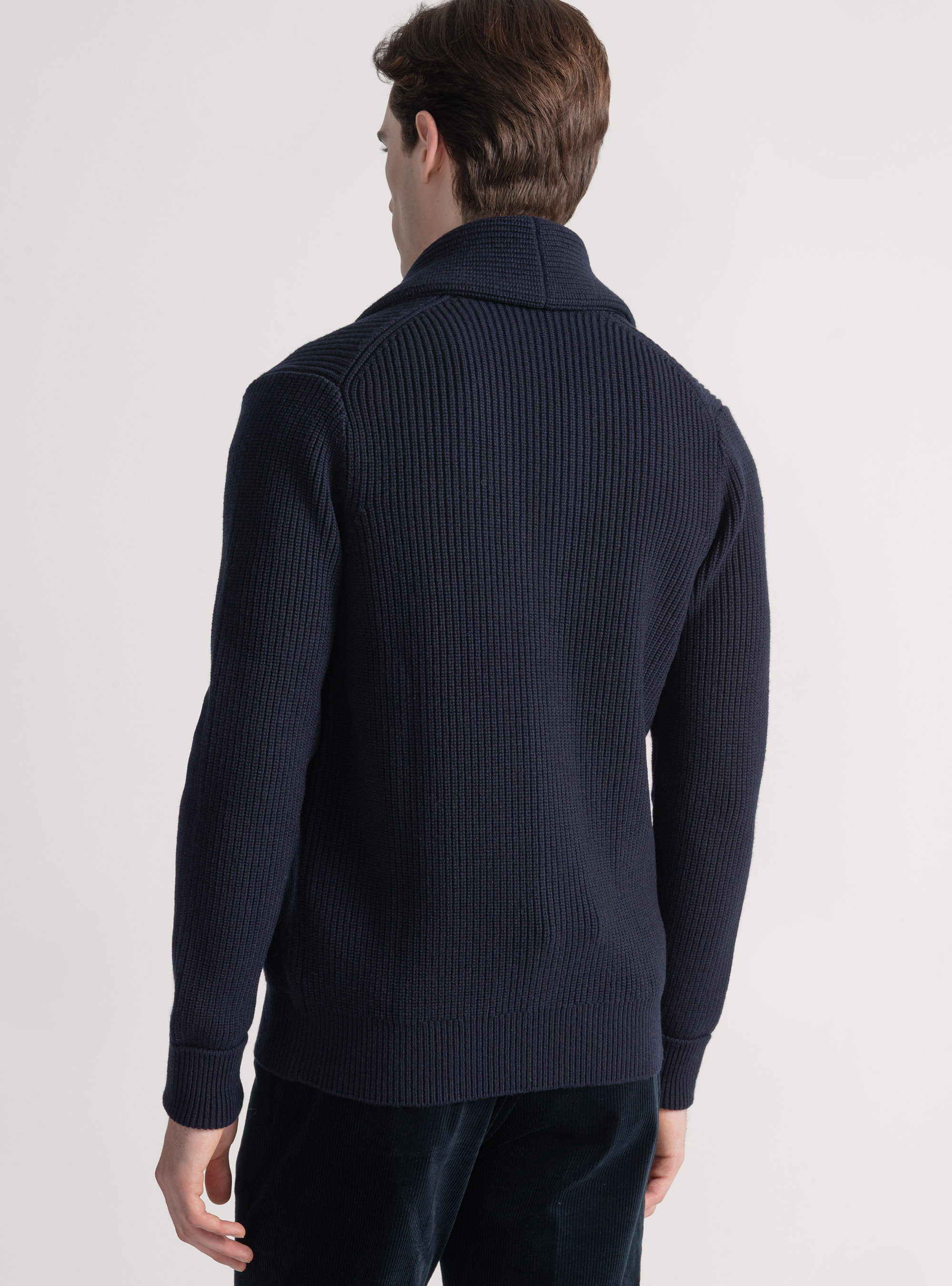 Merino wool shawl knit cardigan, NAVY BLUE