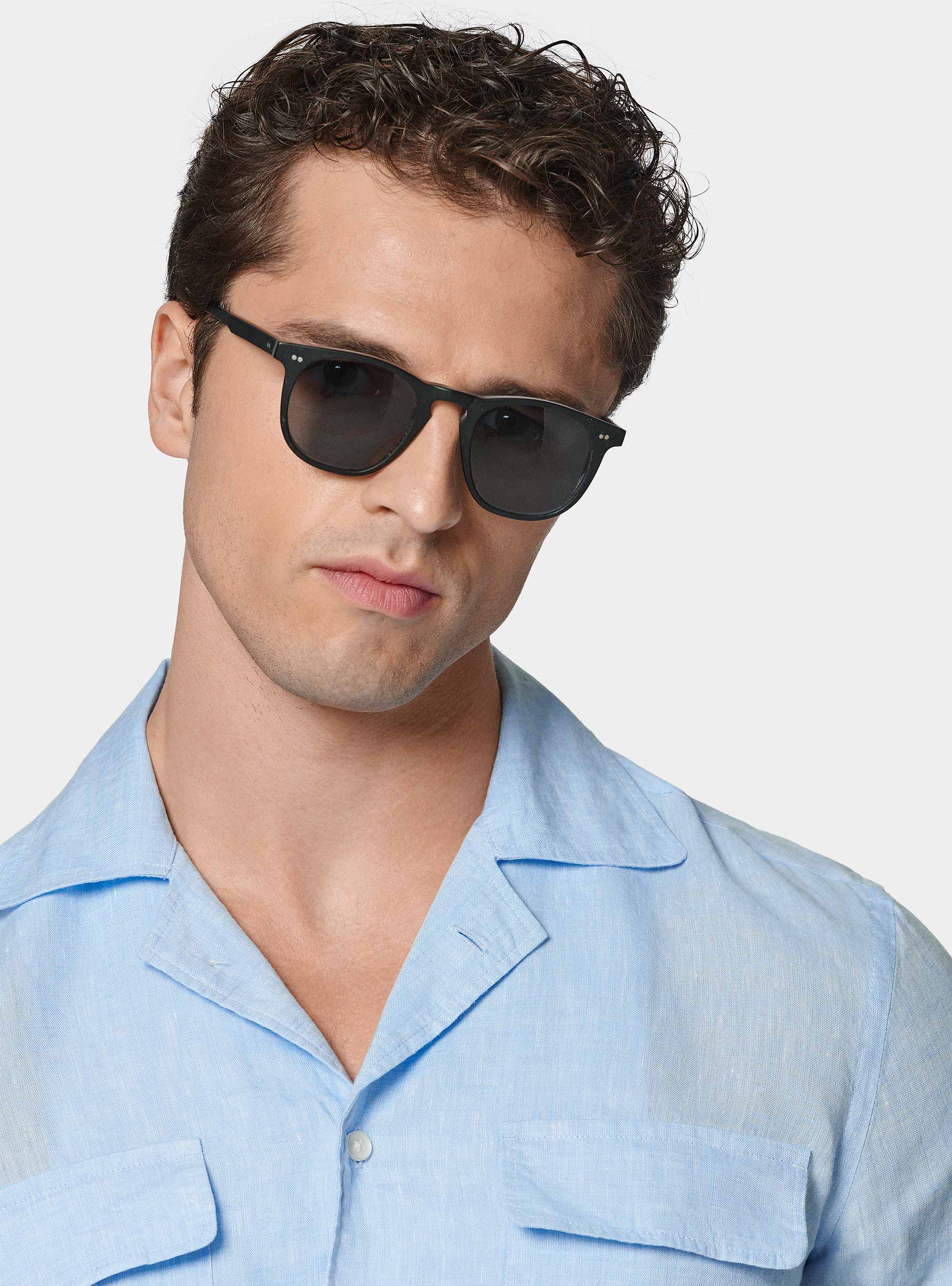 Camicia bowling in puro lino con tasconi, AZZURRO