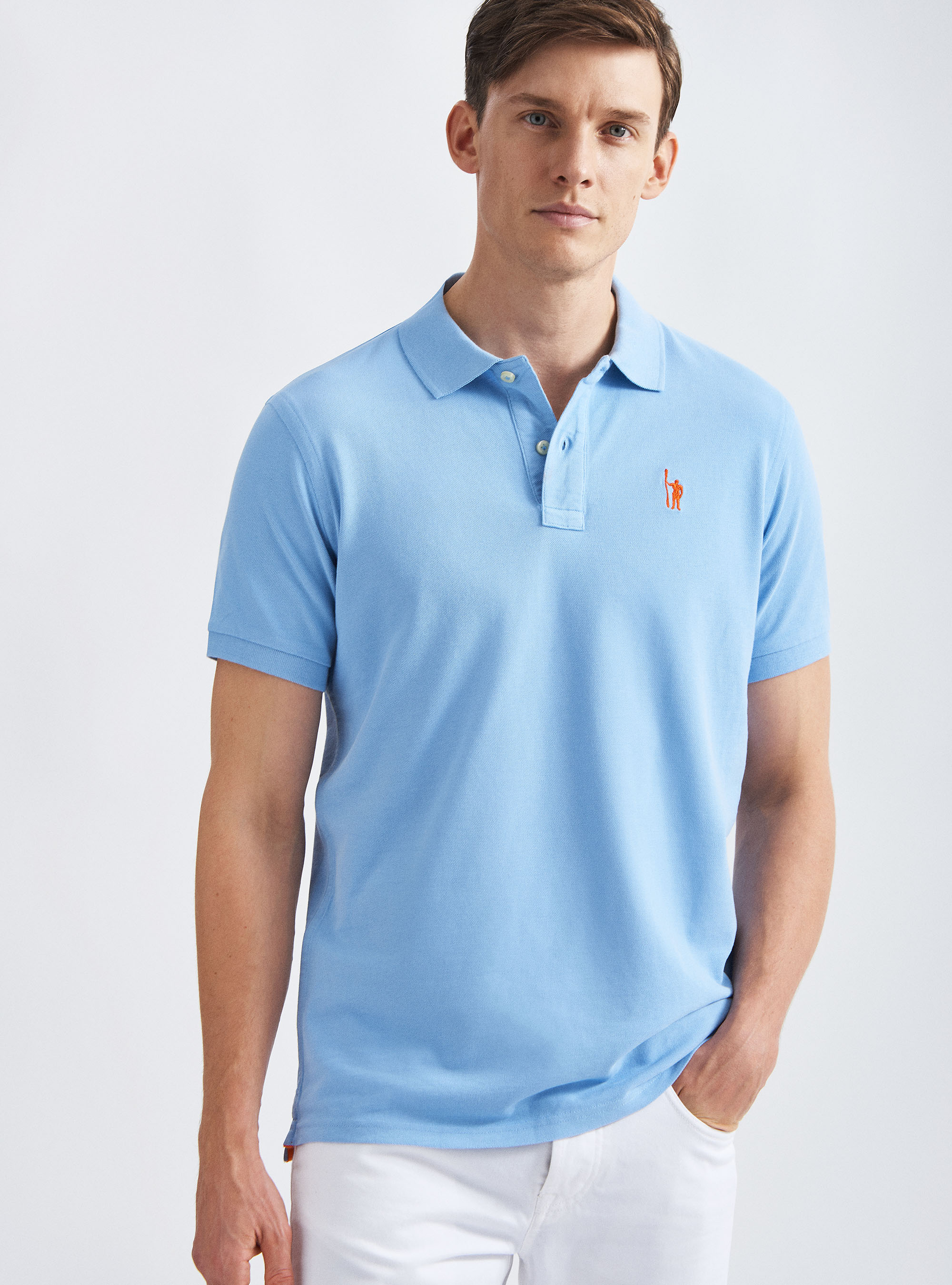 Classic cotton pique polo with embroidery, LIGHT BLUE