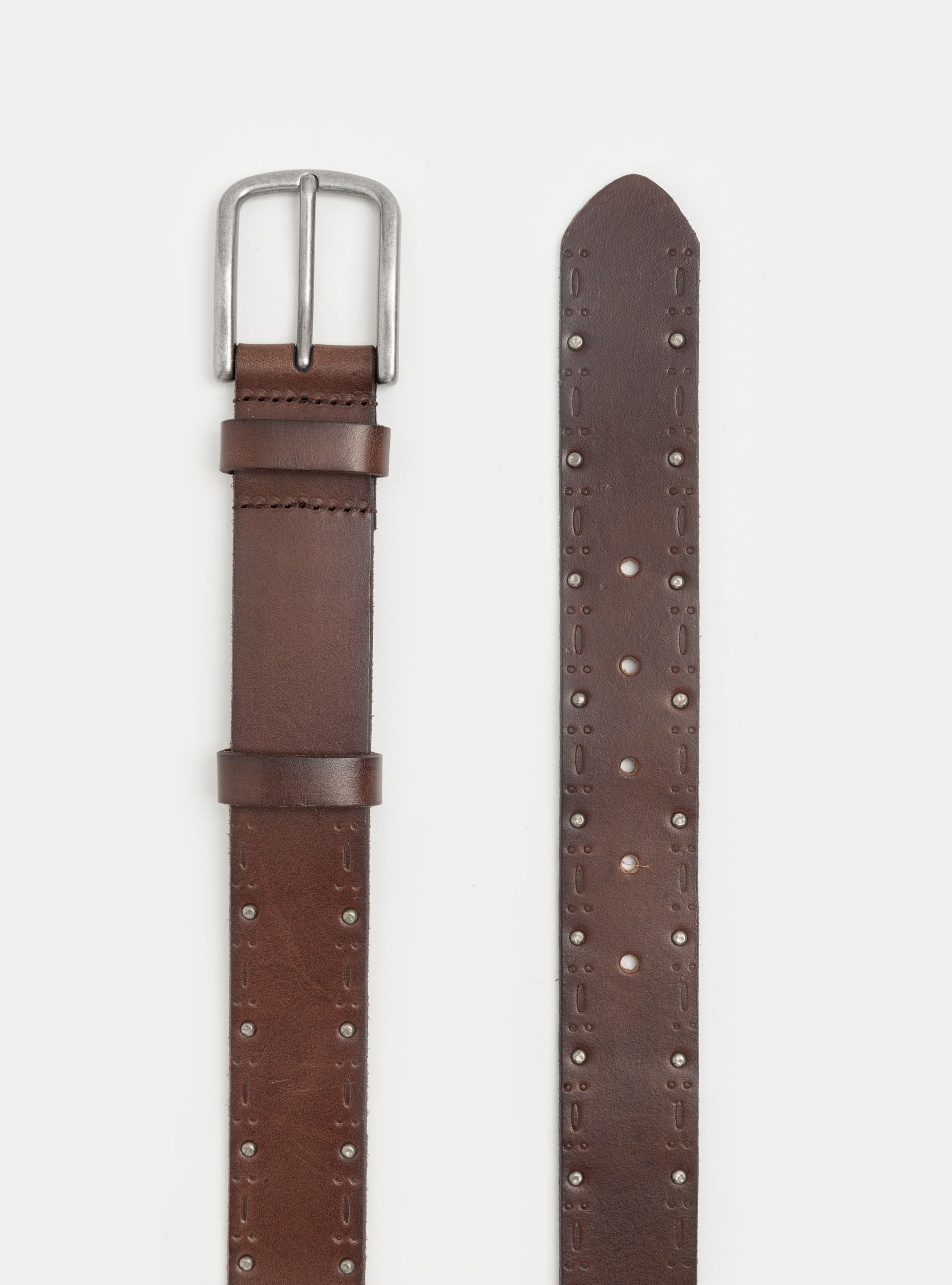 Perforated leather belt with studs, BROWN