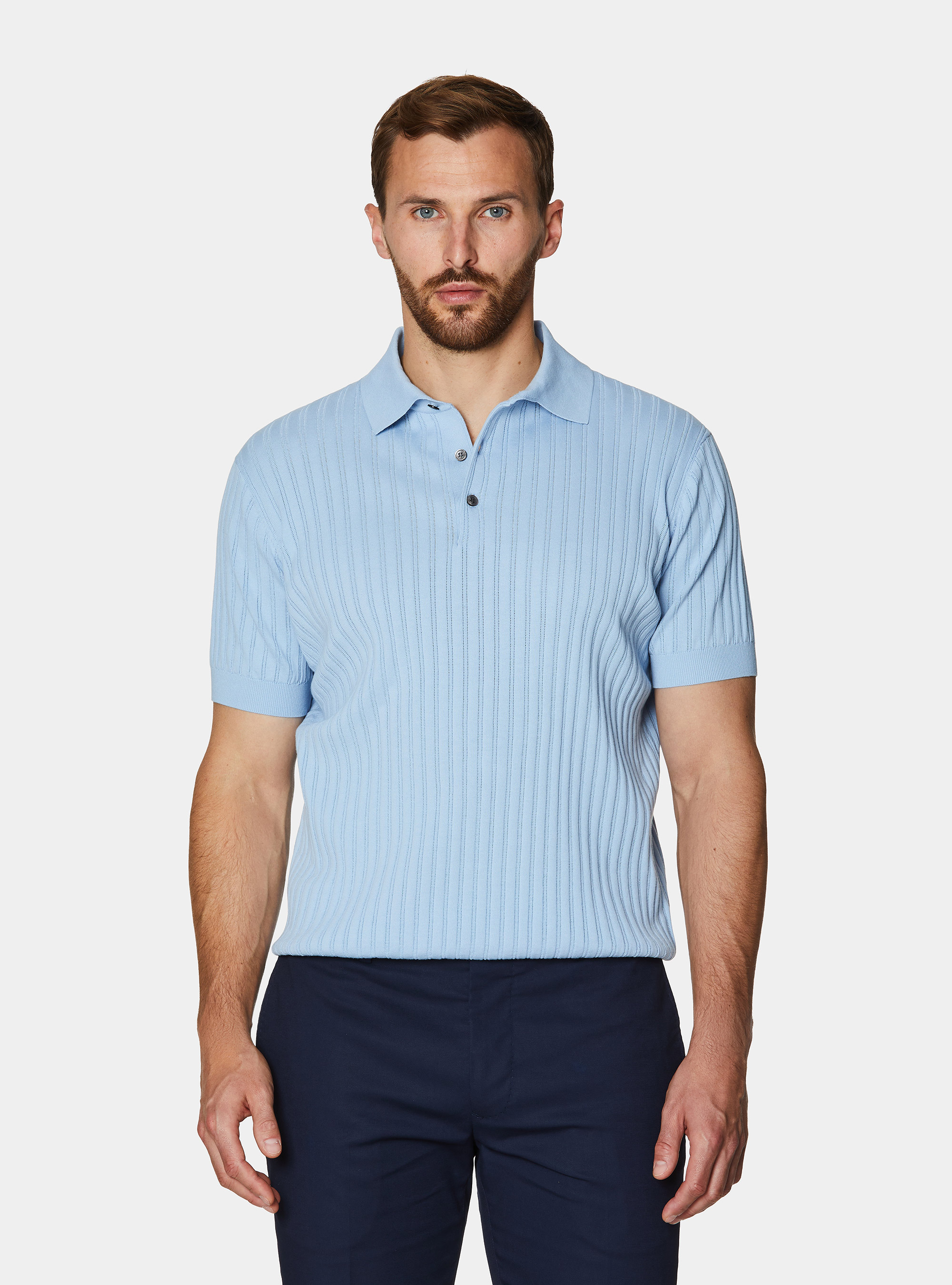 Extra-fine cotton knit polo shirt with openwork ribbing, 0266C AZZURRO