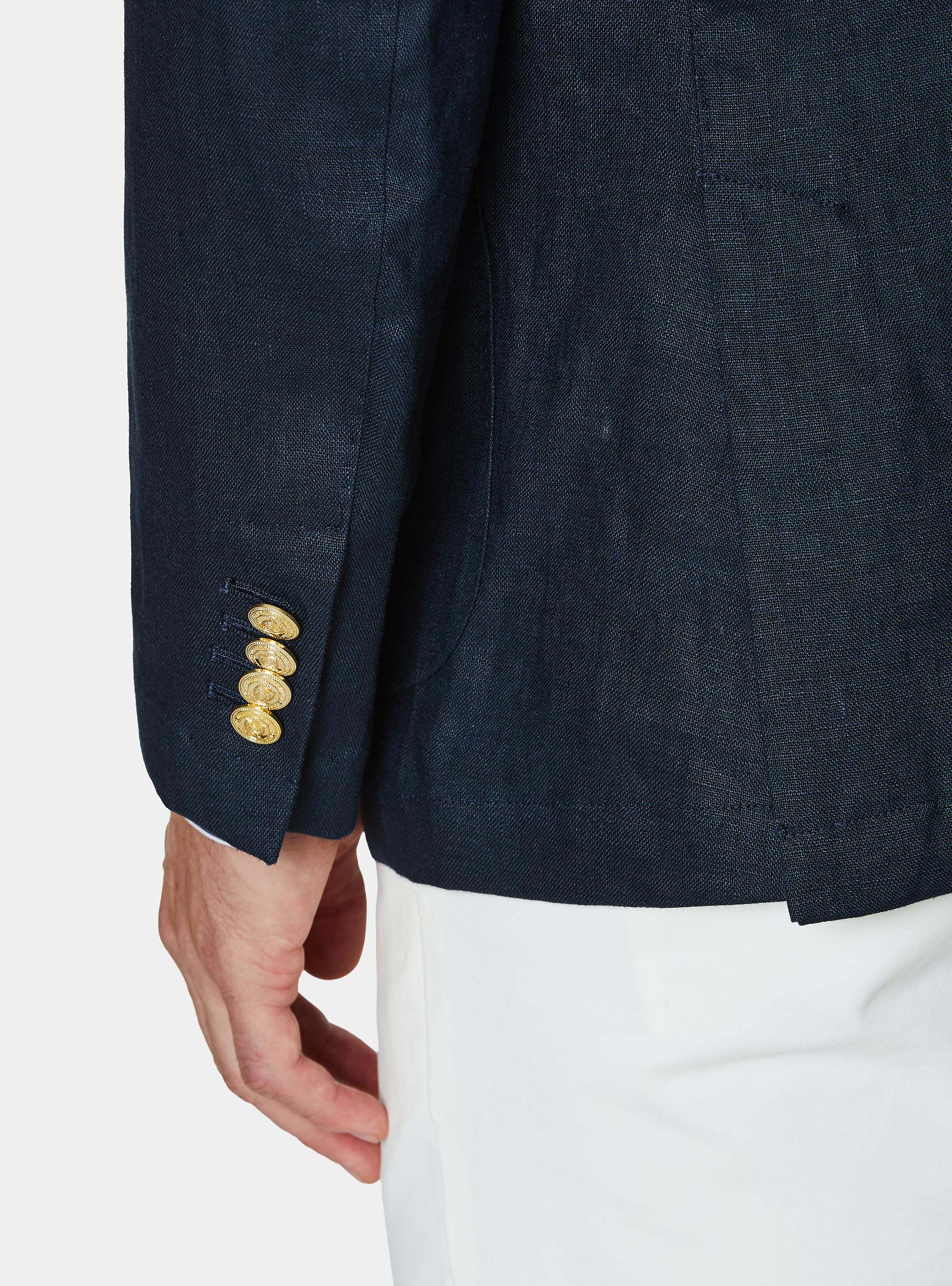 Veste crois&eacute;e en lin avec bouton m&eacute;tallique, BLEU MARINE