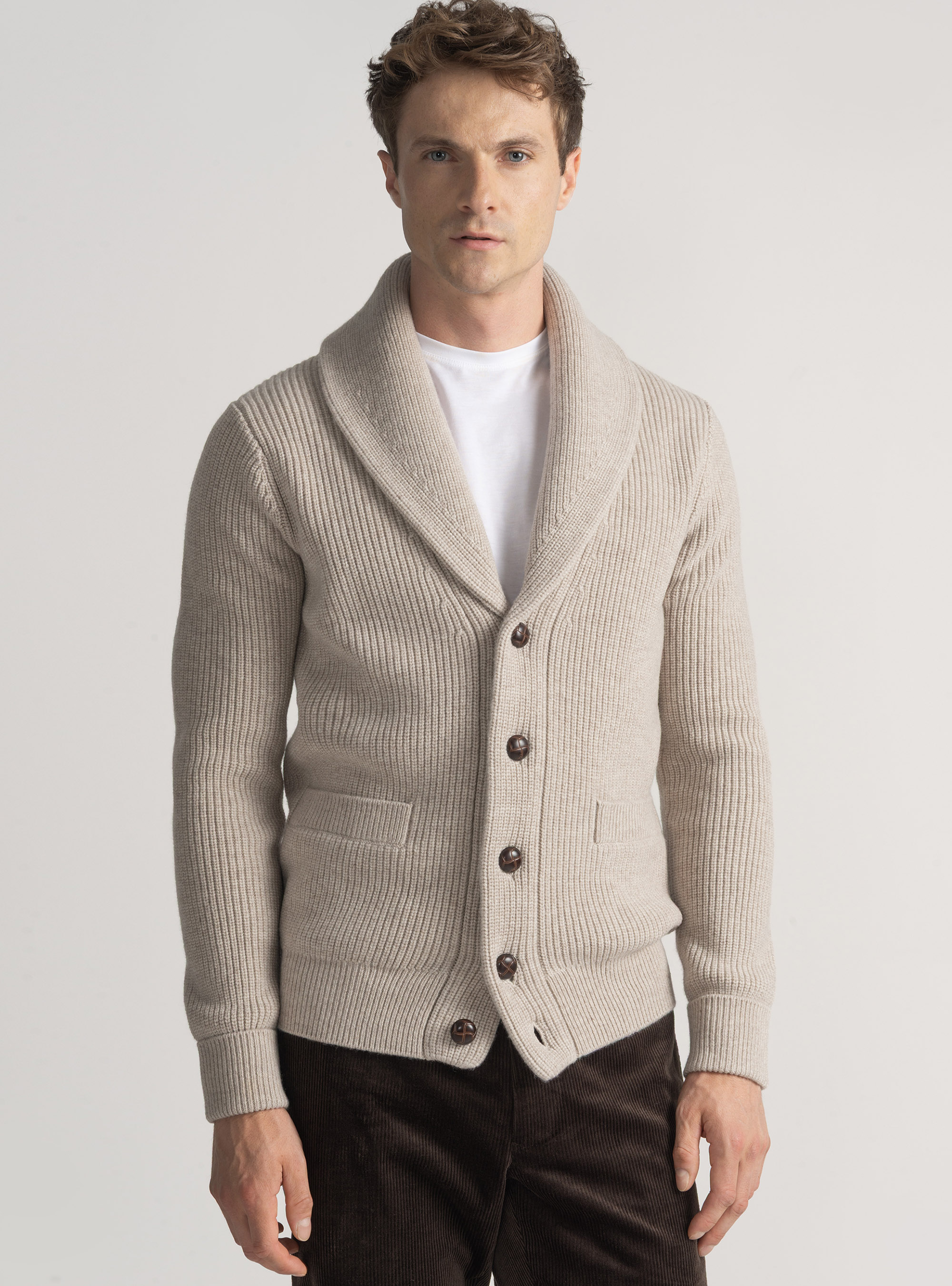Cardigan in maglia sciallata in lana merino, ECRU