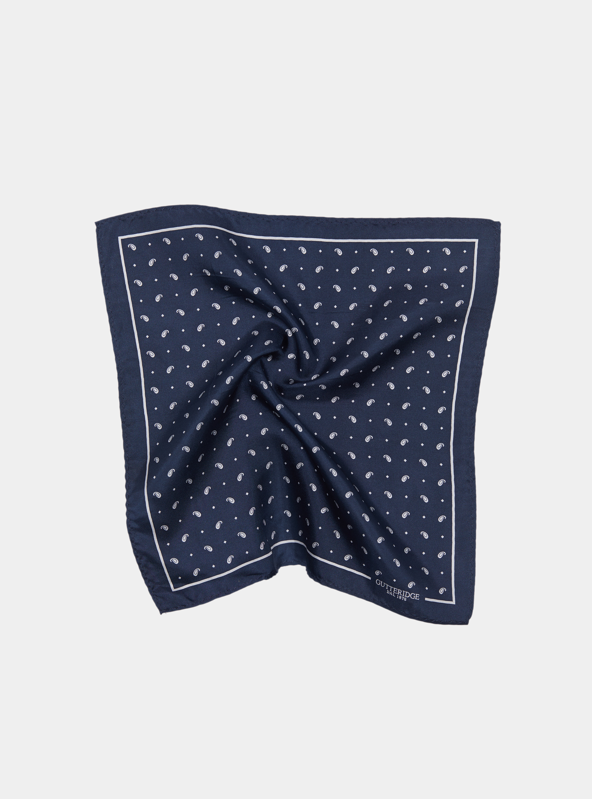 Printed silk paisley pocket square, B053 NAVY/BIANCO