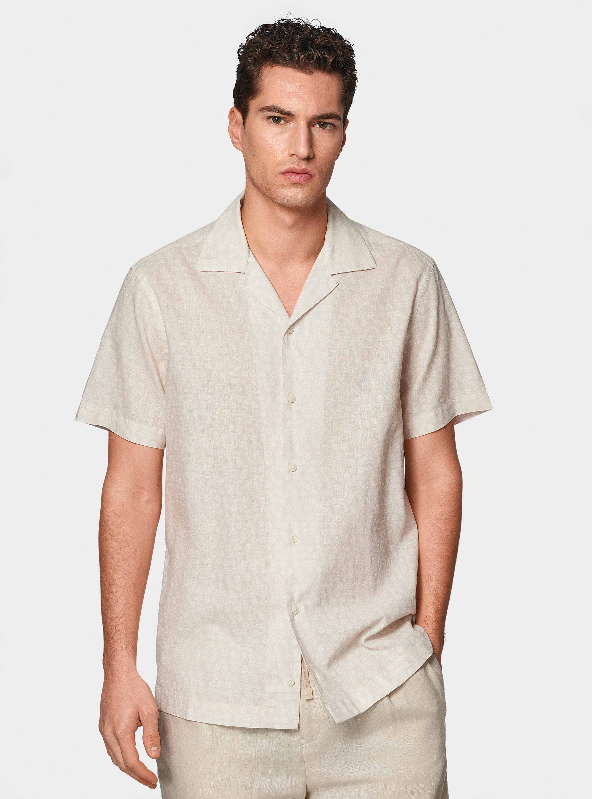 Bowling shirt in linen and printed cotton, ECRU