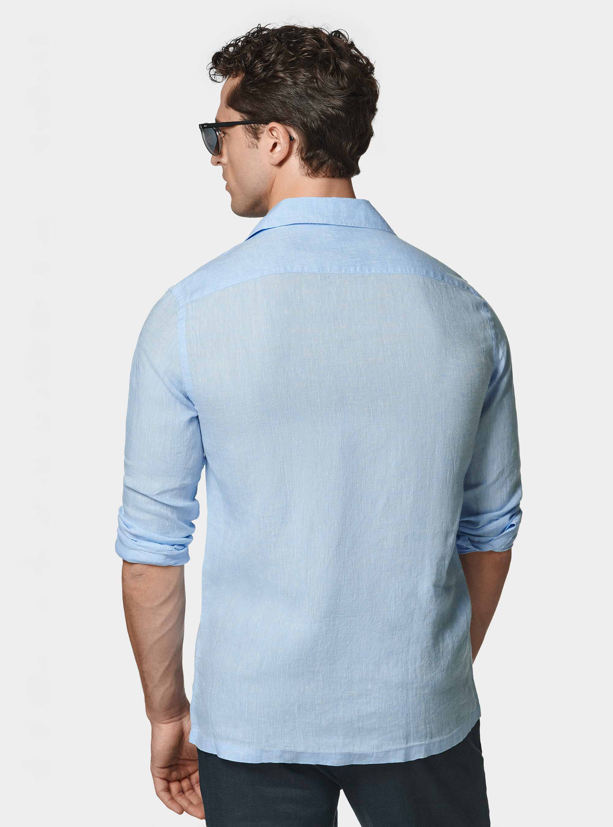 Camicia bowling in puro lino con tasconi, AZZURRO