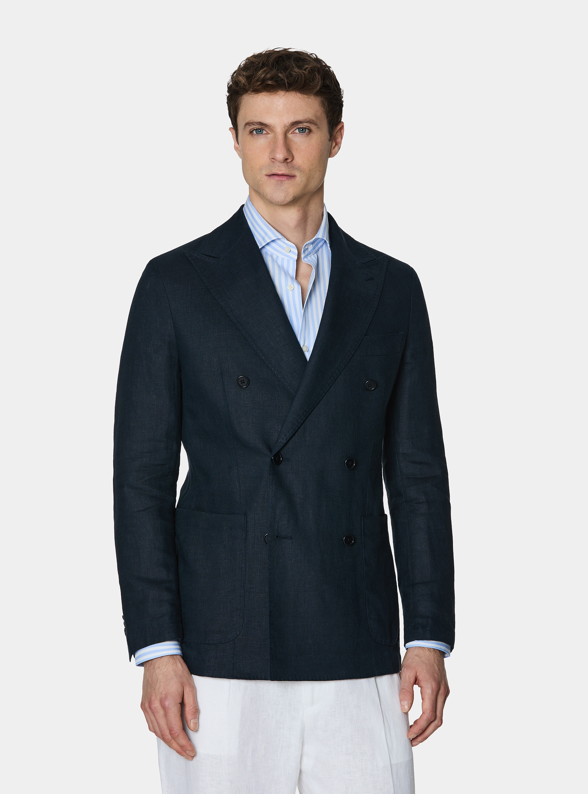 Double-breasted blazer in pure linen, NAVY BLUE