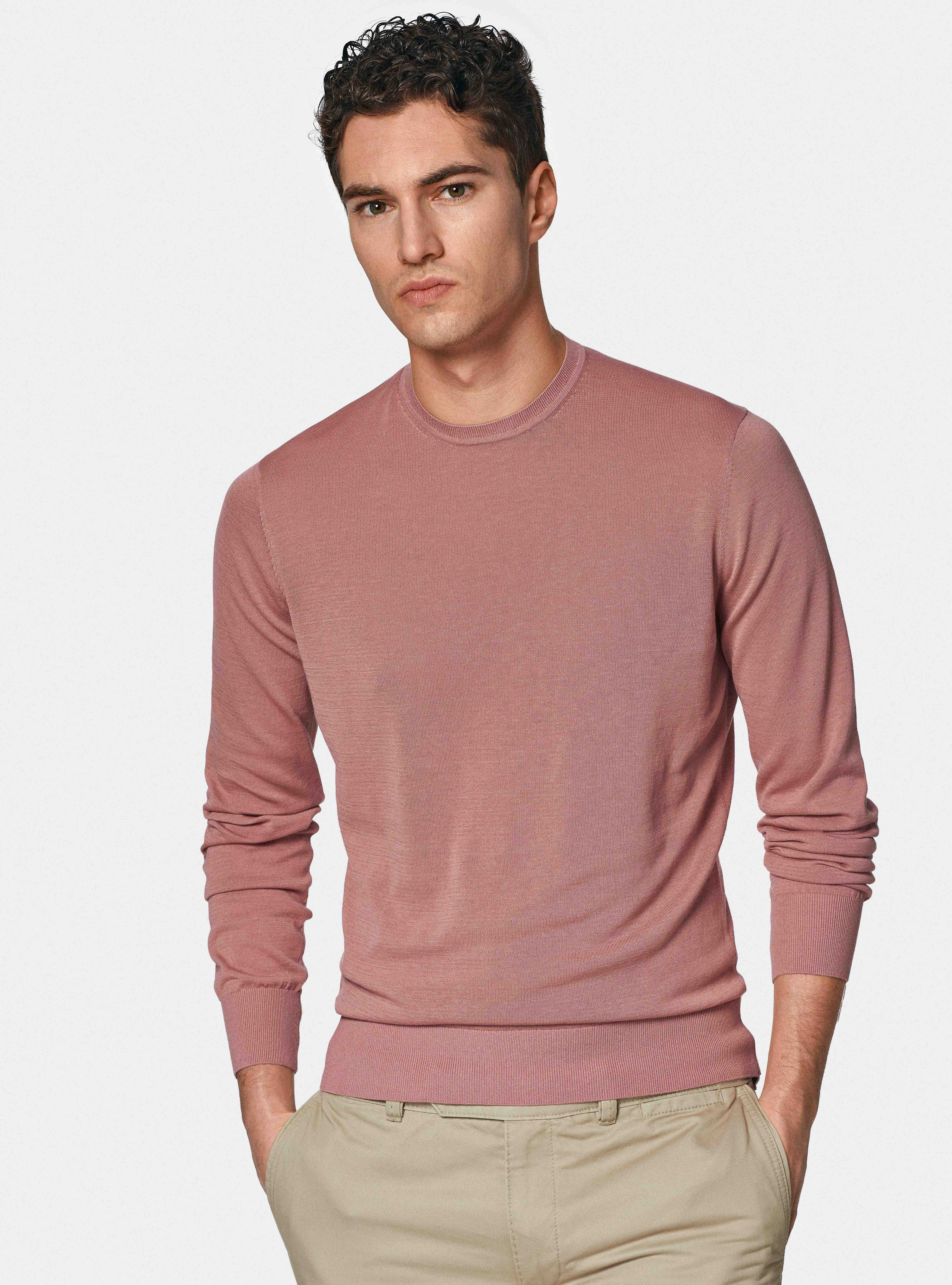 Maglia girocollo in cotone e seta, 0441C ROSA SCURO