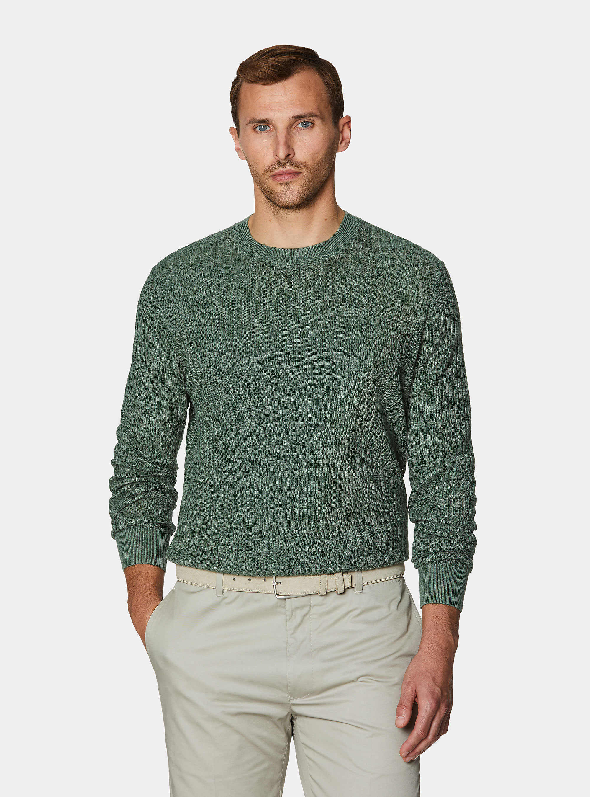 Pure linen ribbed crew neck sweater, SALVIA 0602C