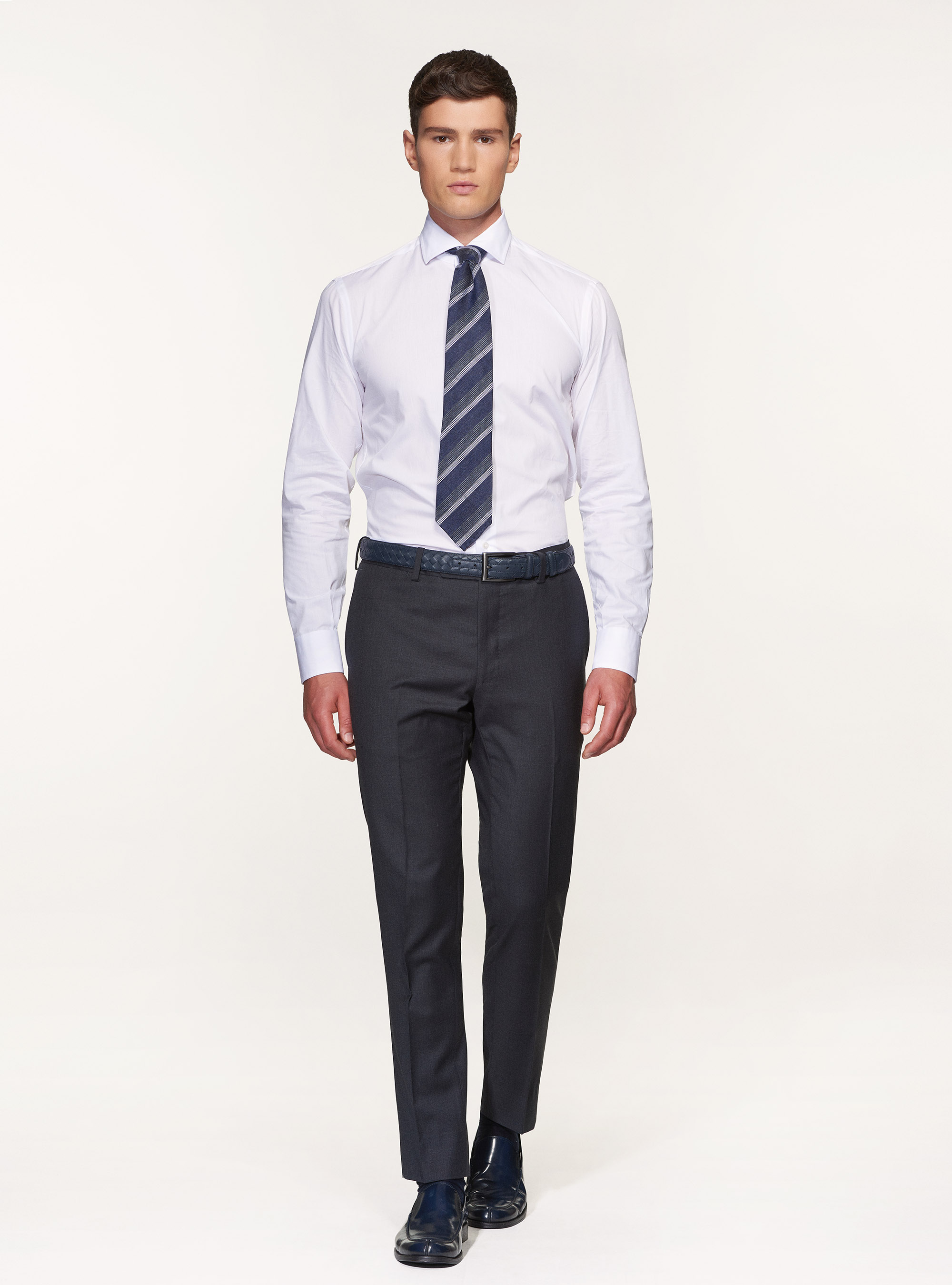 Cotton fil a fil shirt with semi French collar, WHITE