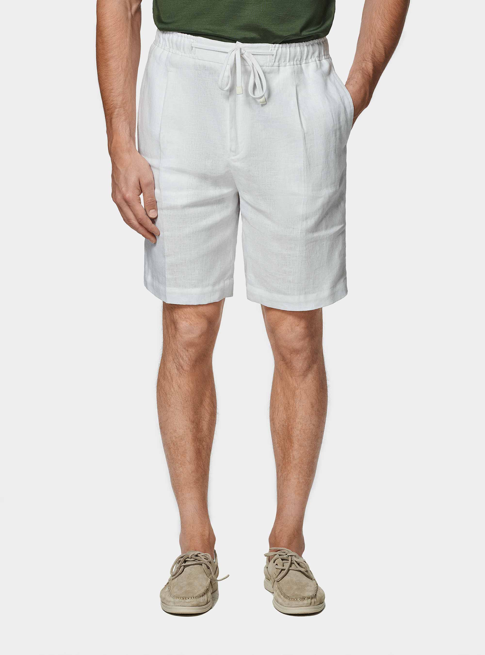 Pure linen bermuda shorts with elastic band, WHITE