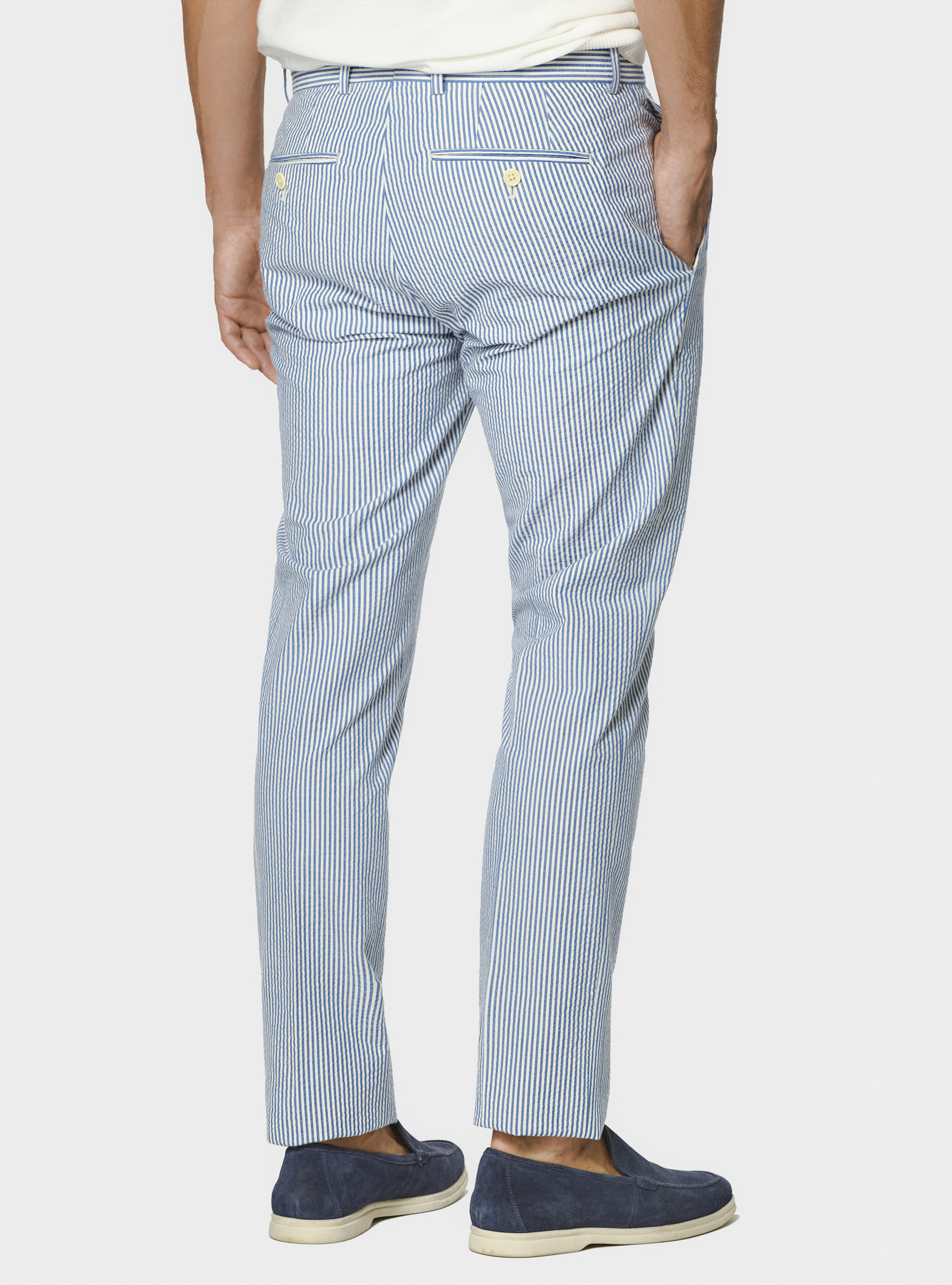 Pantal&oacute;n seersucker en mezcla de algod&oacute;n a rayas, AZUL MEDIO