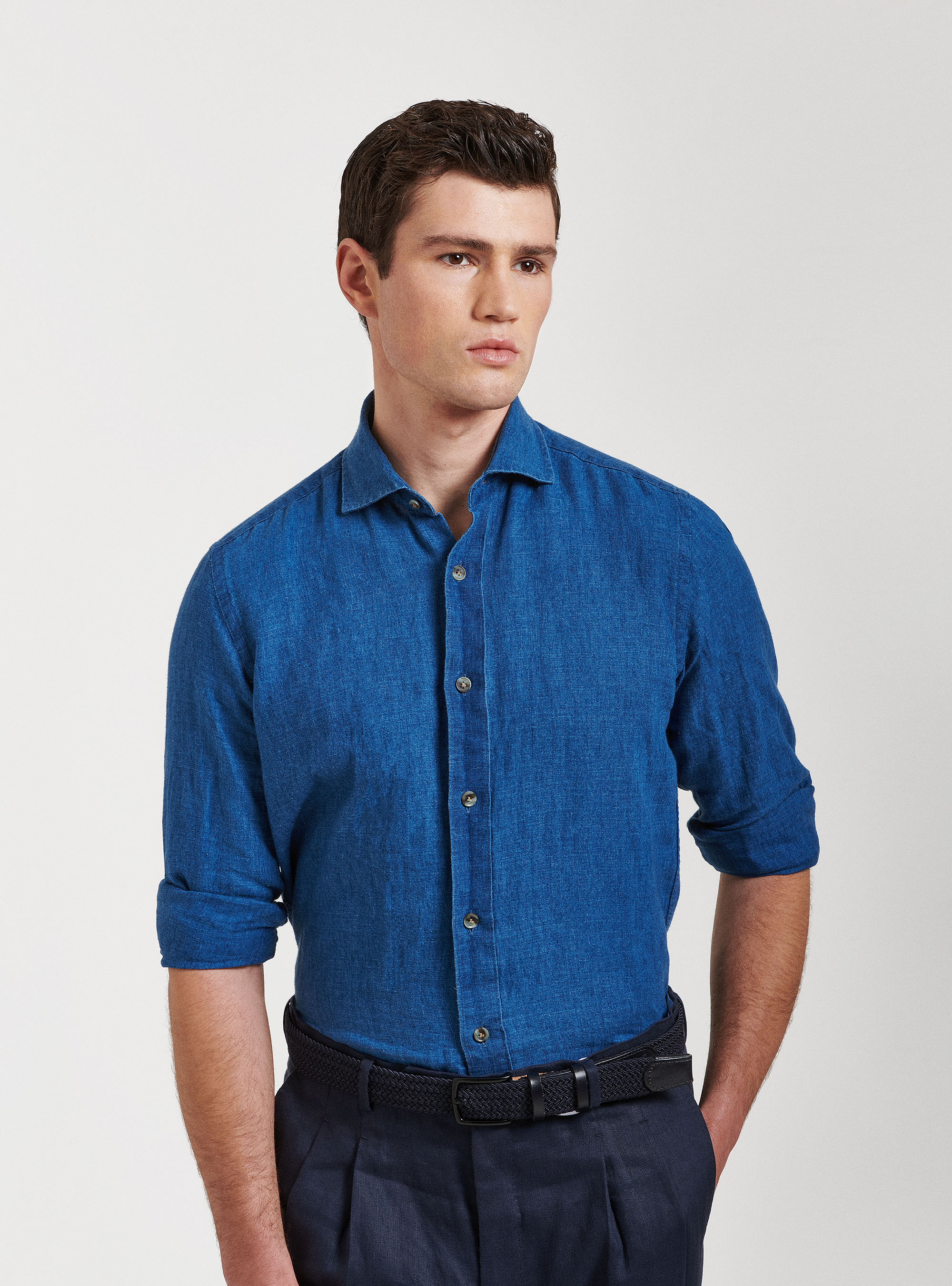 Camicia collo semi francese in lino cotone, BLU