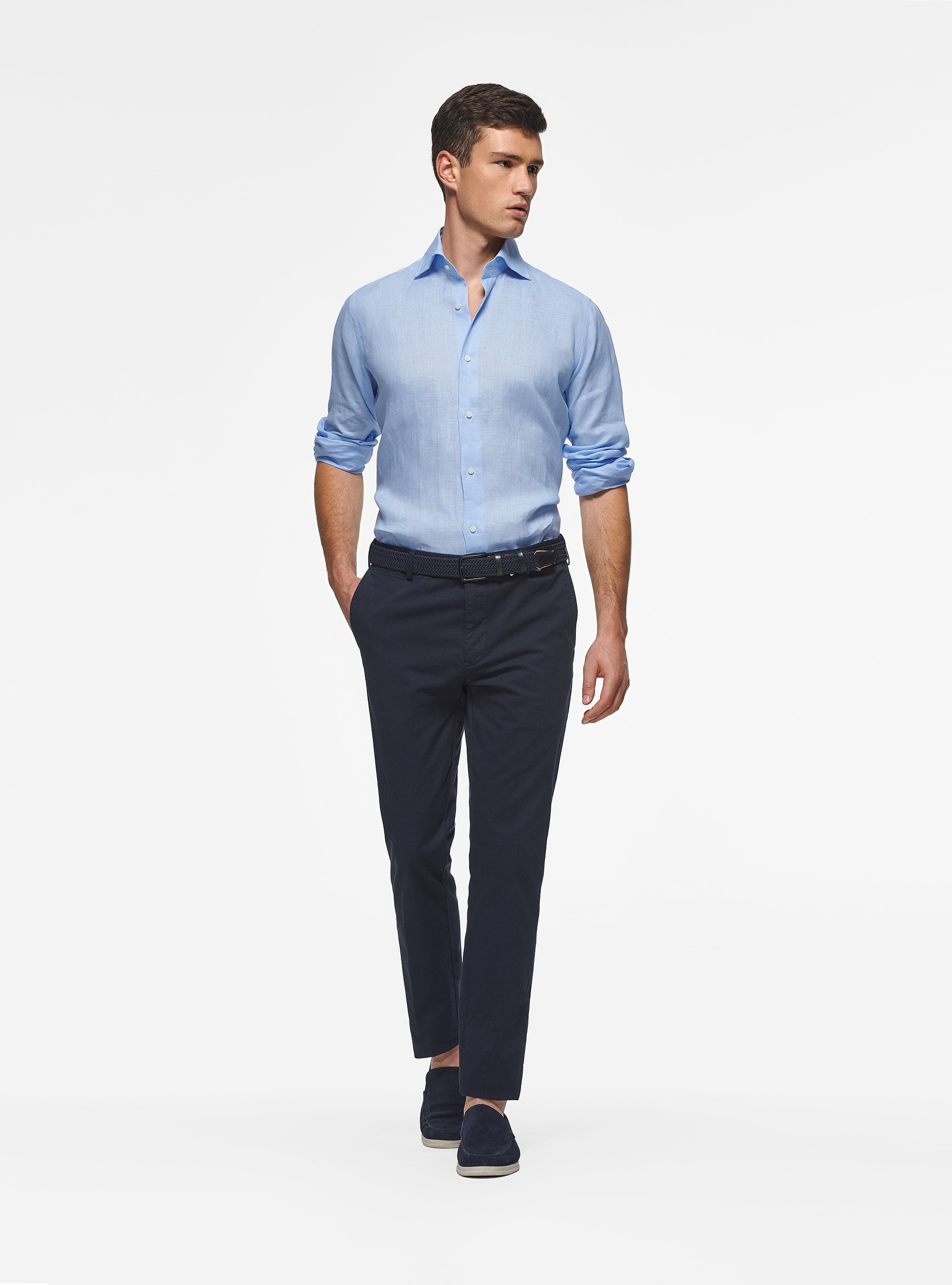 Italian collar shirt in pure linen, LIGHT BLUE