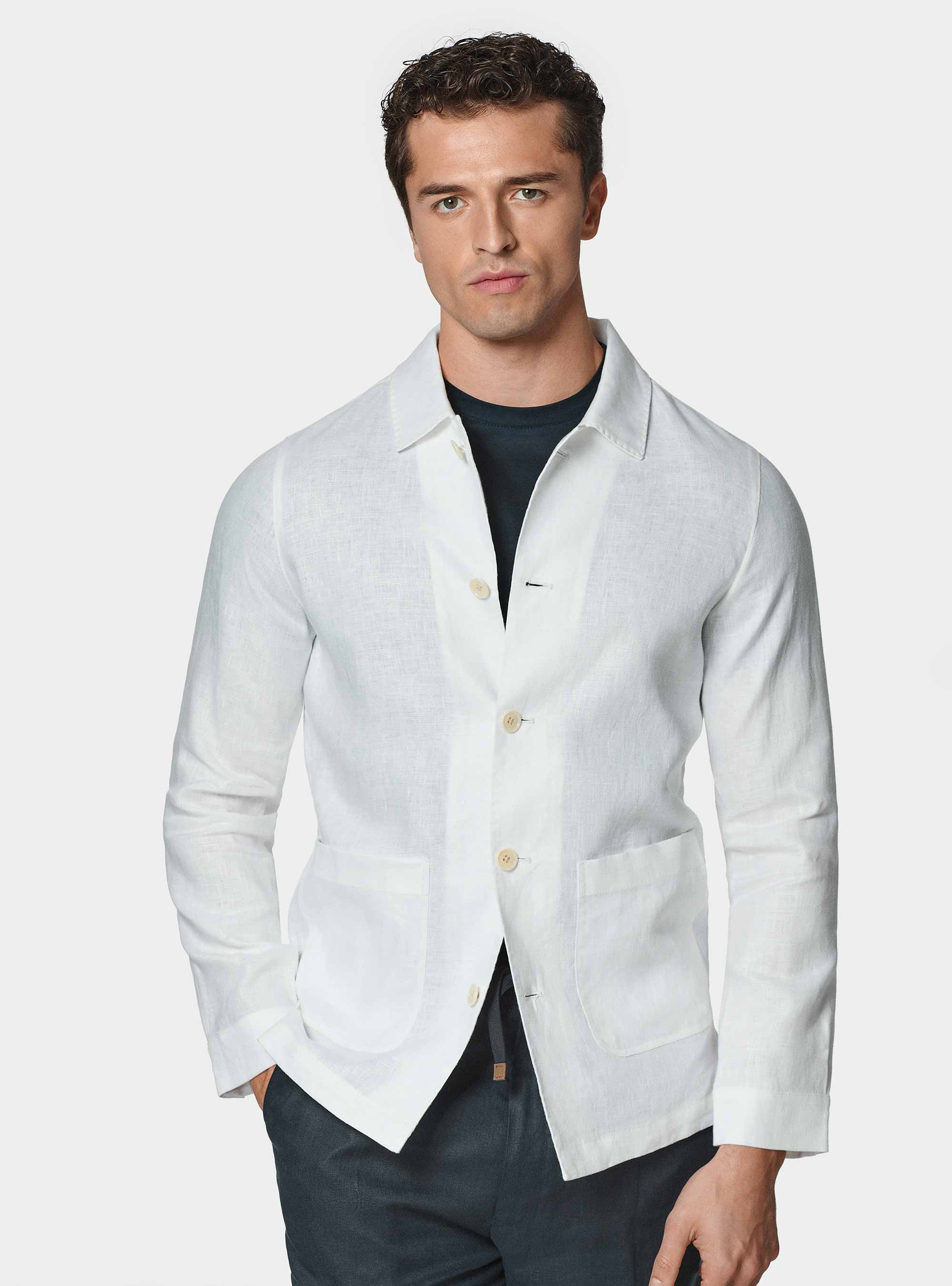 Giacca camicia in puro lino, BIANCO
