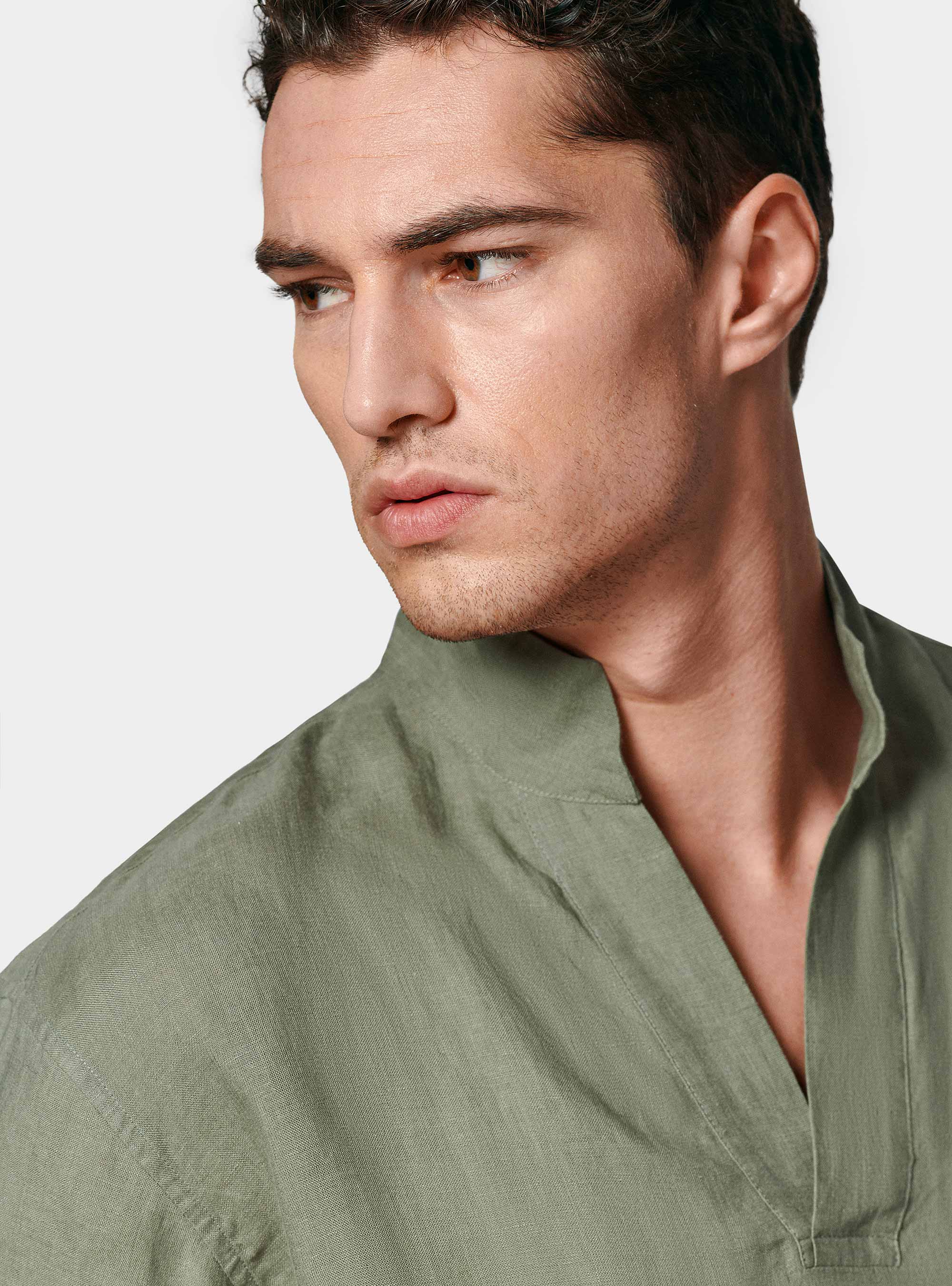 Camicia coreana in puro lino, SALVIA 0602C