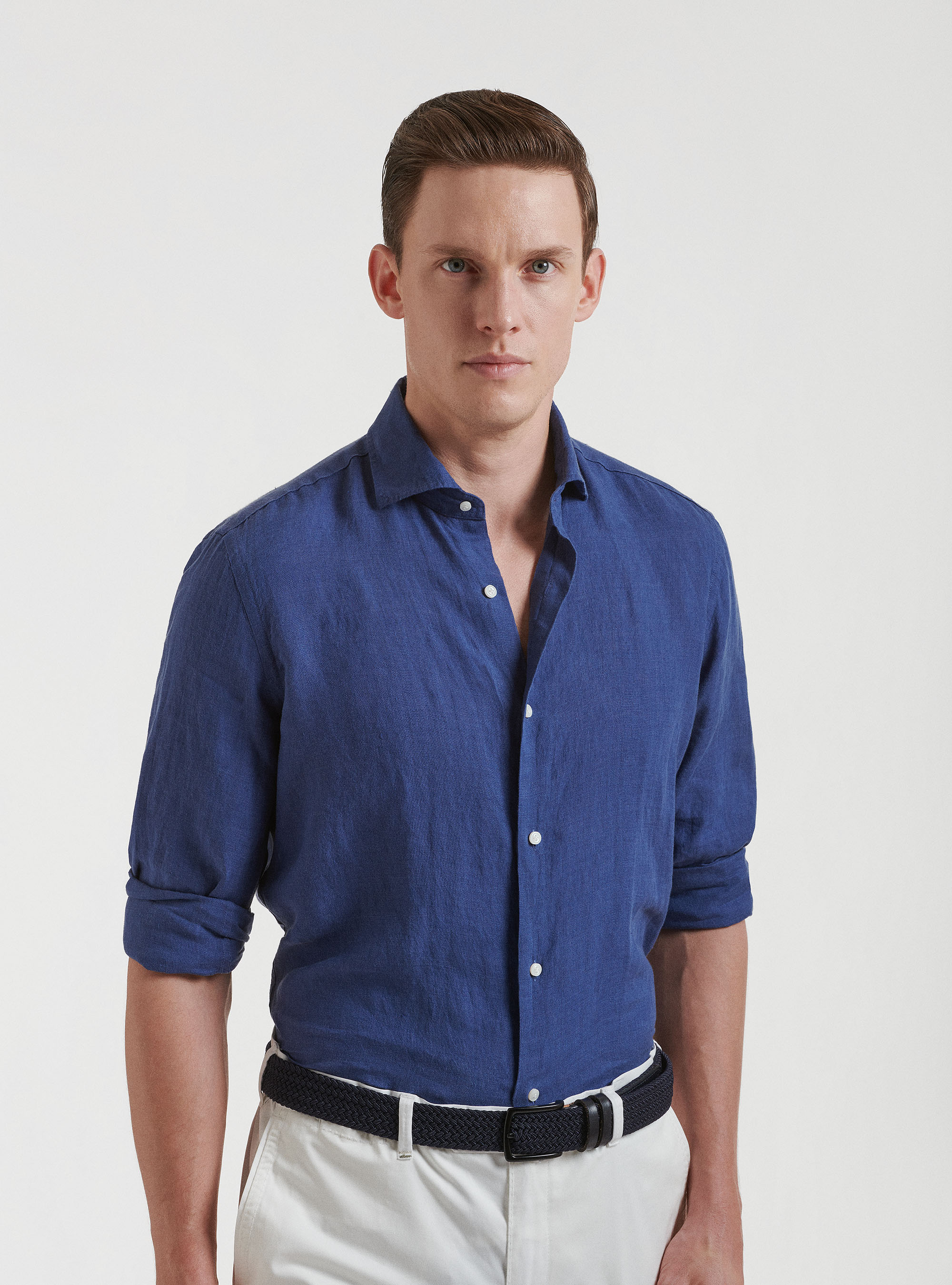 Camicia collo semi francese in puro lino, 0243C DENIM