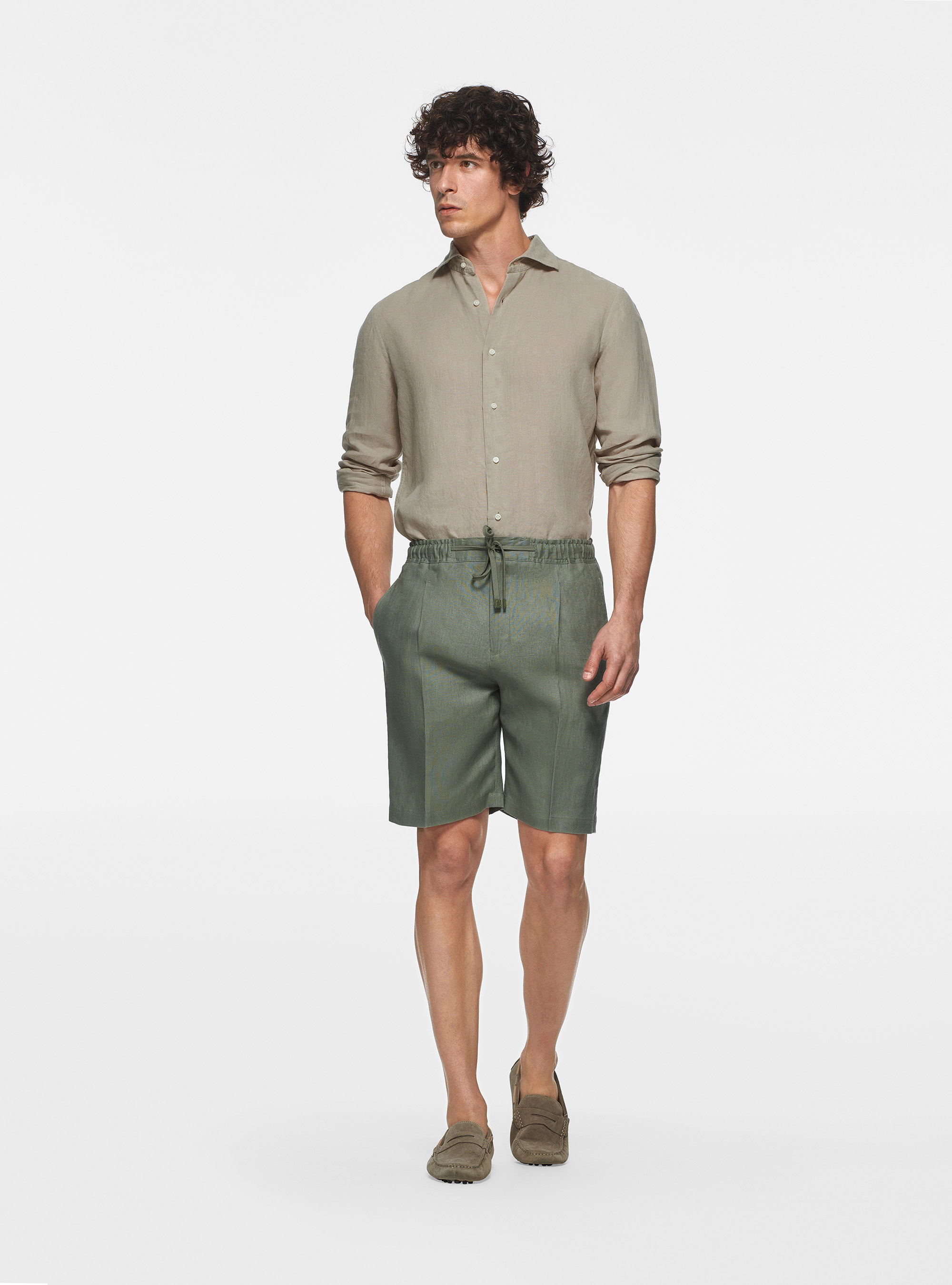 Linen Bermuda shorts with elastic and drawstring, SALVIA 0602C