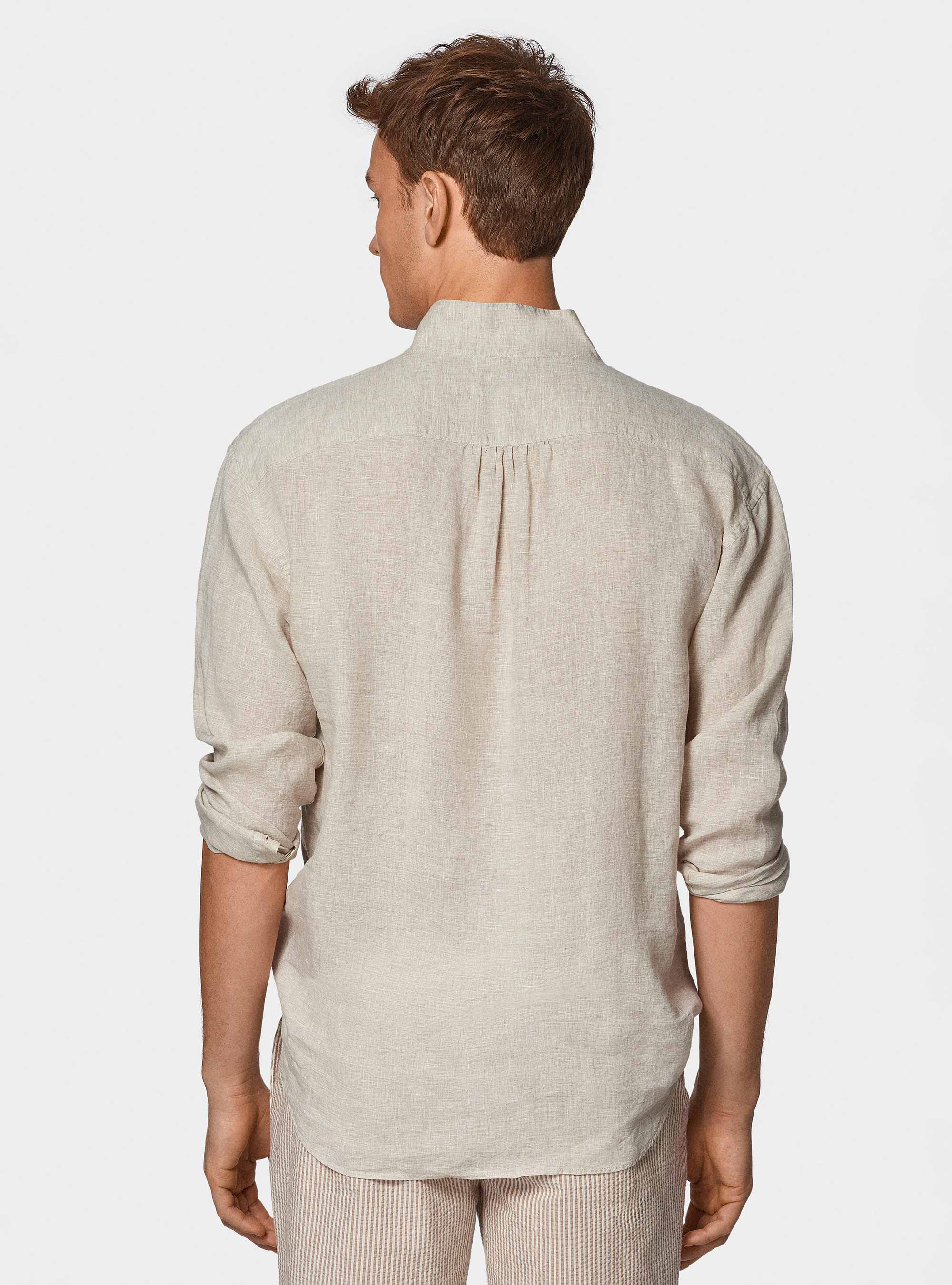 Camicia coreana in puro lino, ECRU MELANGE 0562C