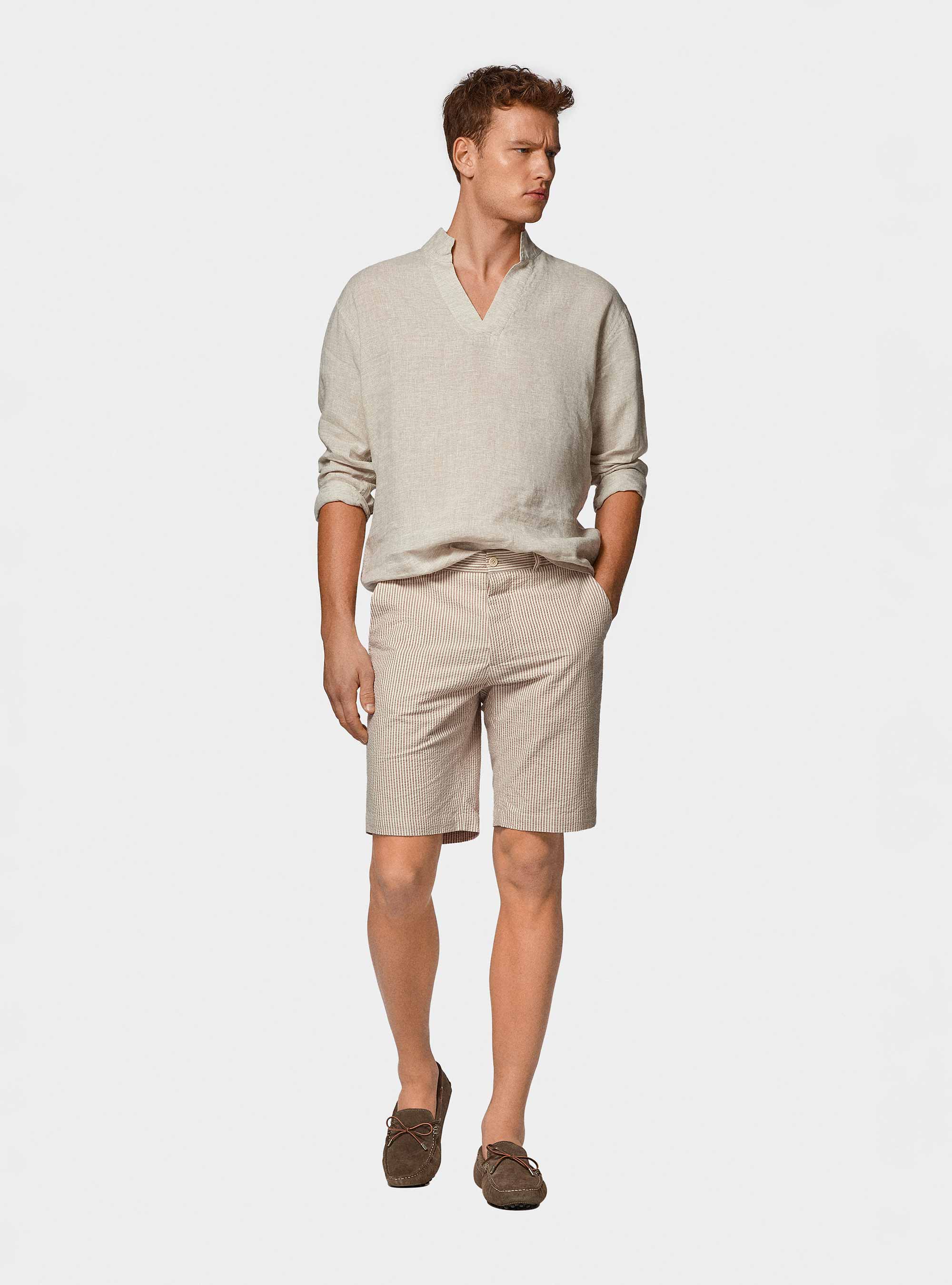 Camicia coreana in puro lino, ECRU MELANGE 0562C