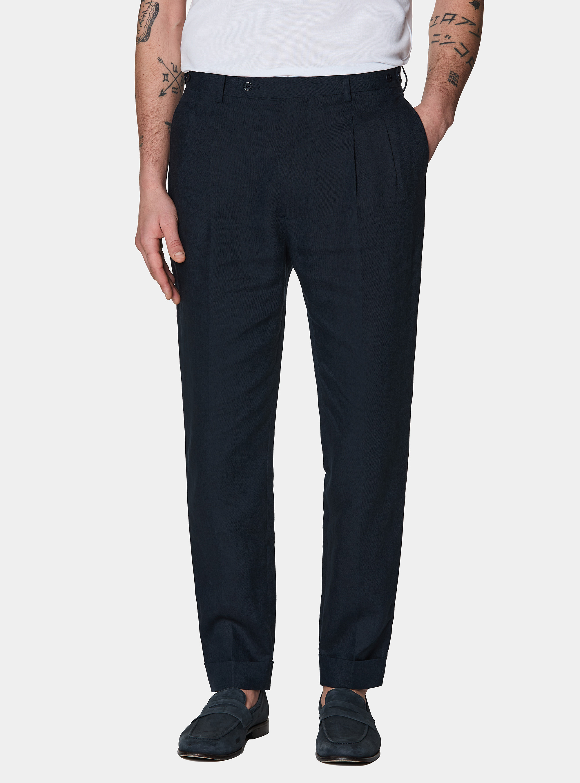 Pure linen double pleat trousers, NAVY BLUE