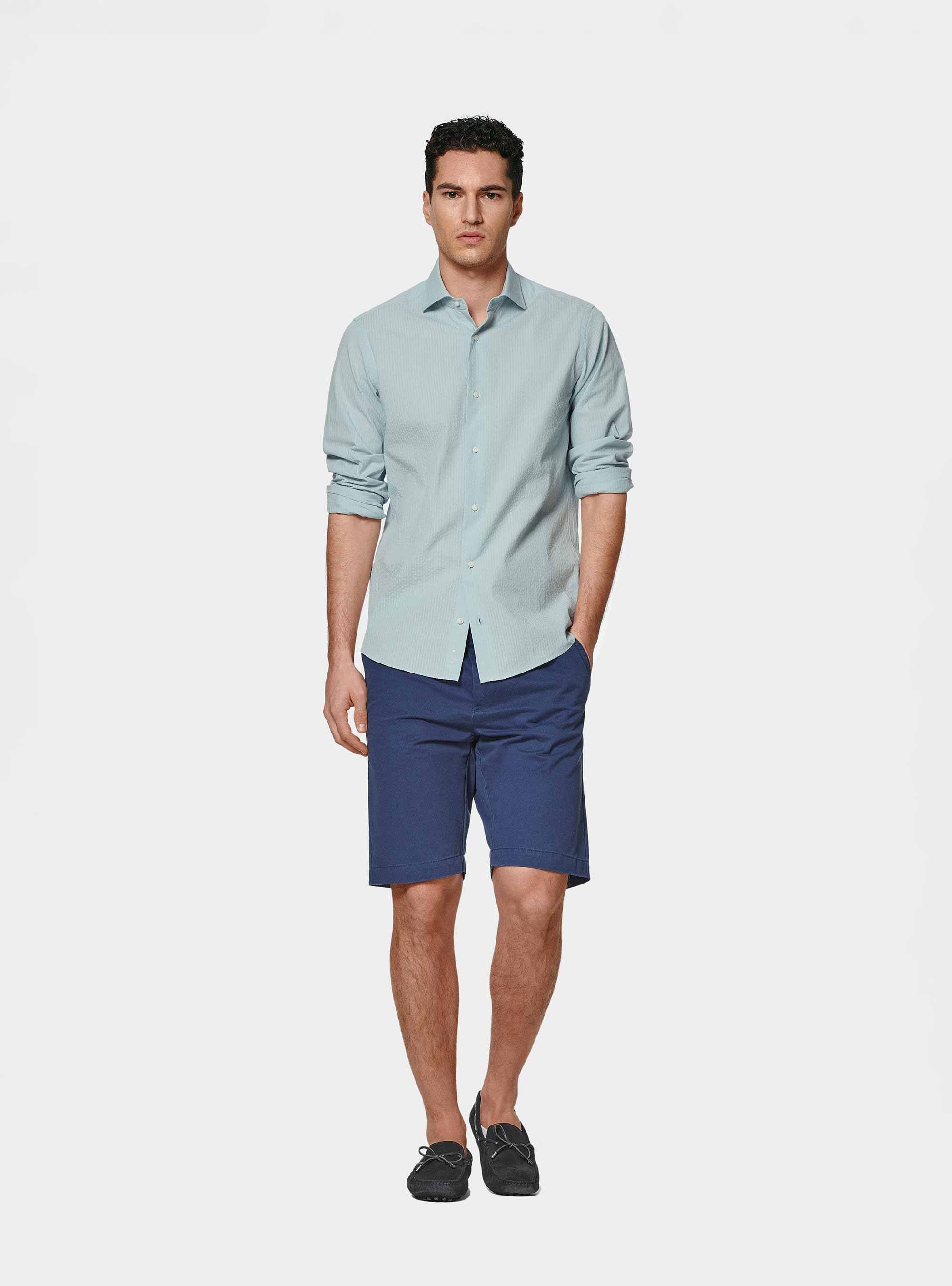 Camicia in puro cotone seersucker, AZZURRO