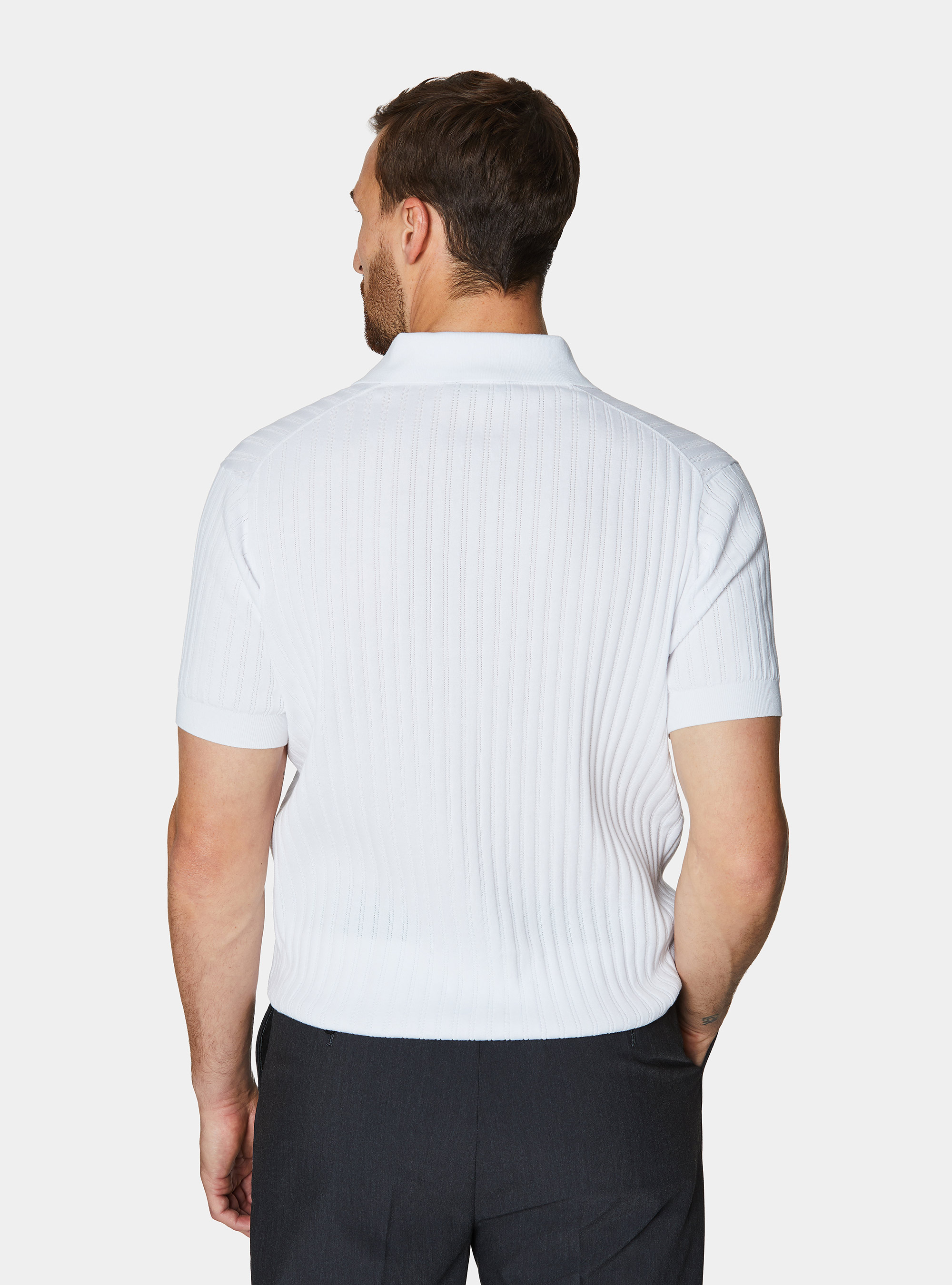 Polo de punto de algod&oacute;n extrafino con canal&eacute; calado, BLANCO