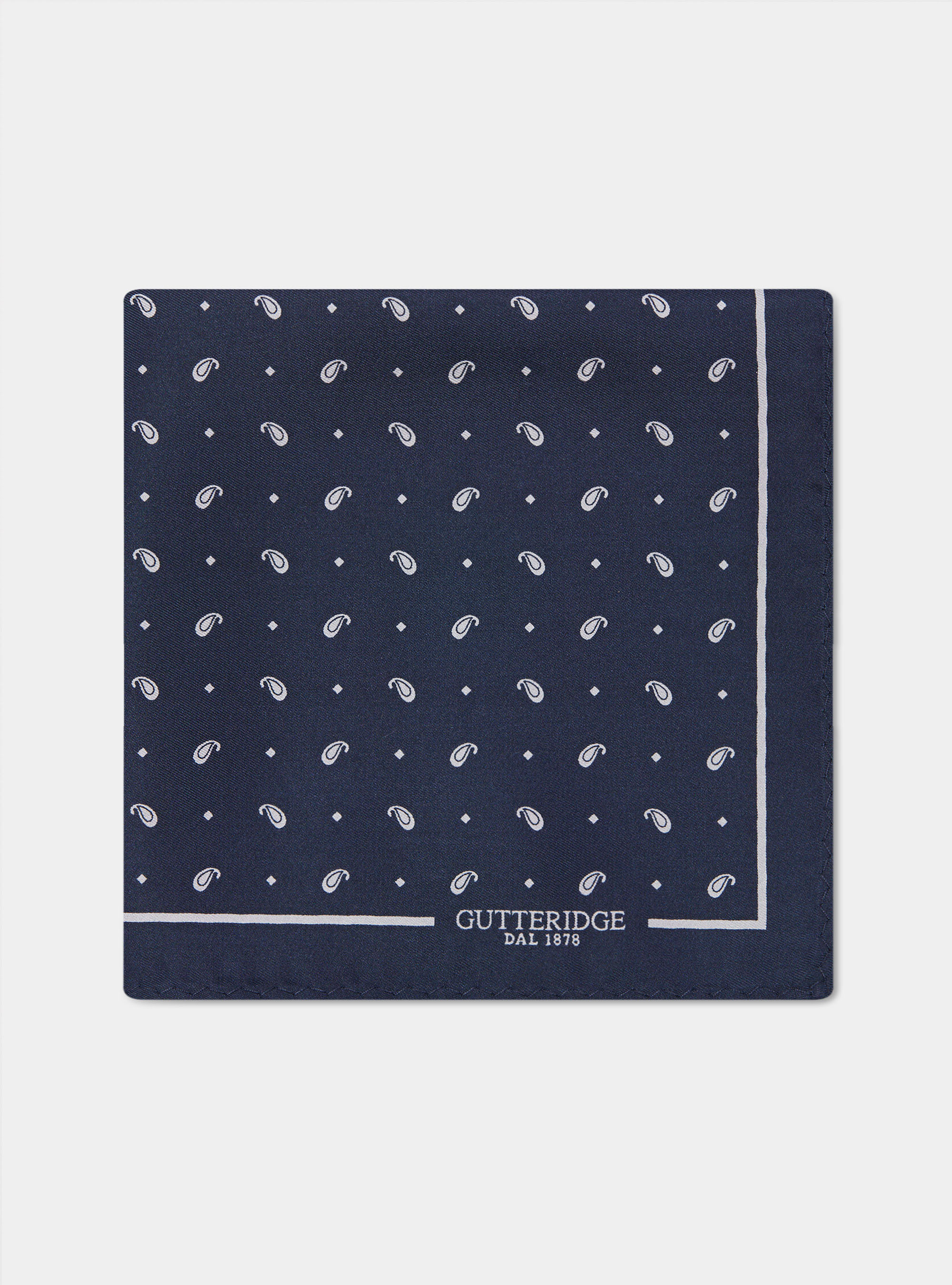 Printed silk paisley pocket square, B053 NAVY/BIANCO