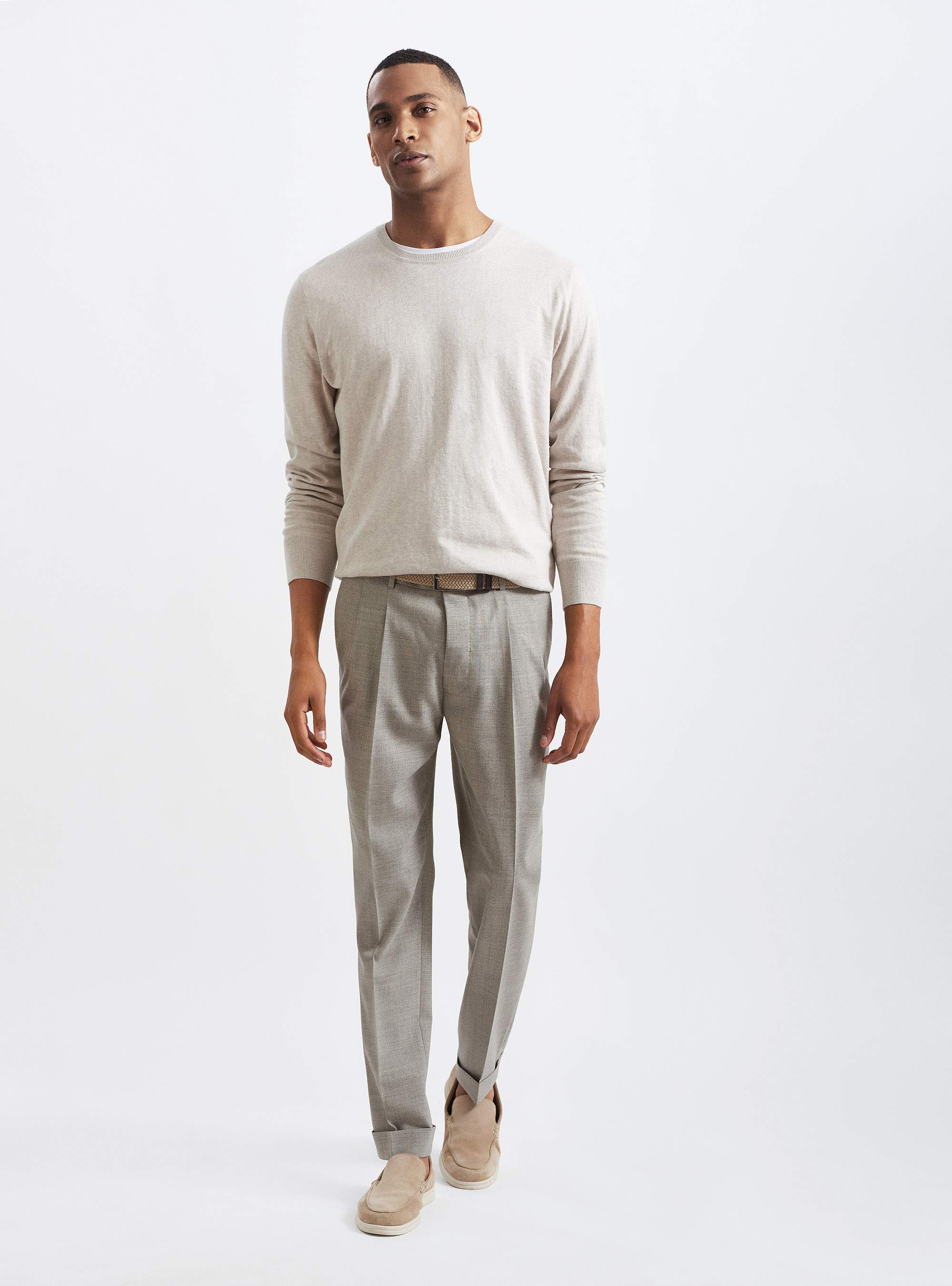 Maglia girocollo in cotone seta e cashmere, GRIGIO CHIARO MELANGE