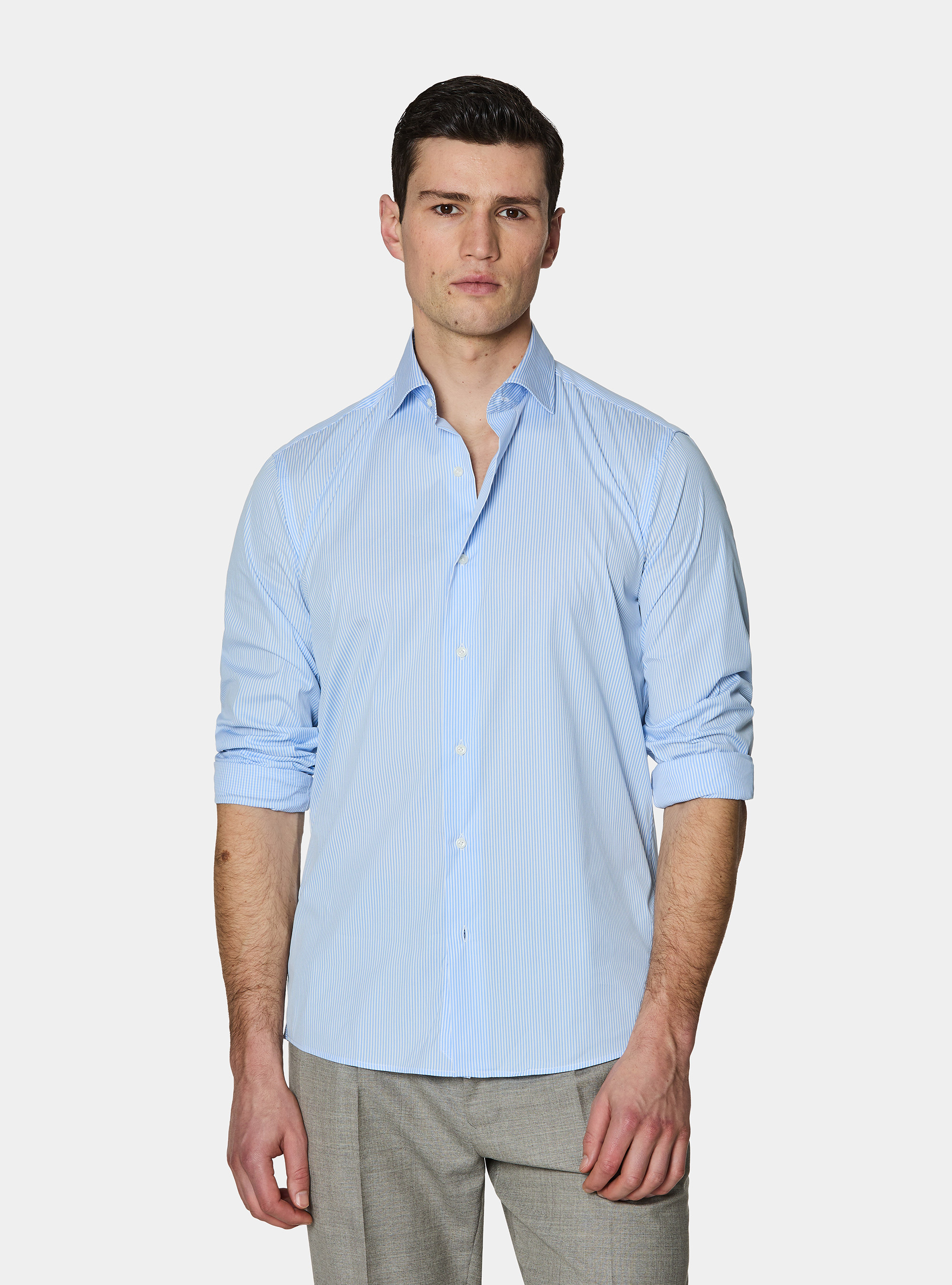 Camisa de rayas de popel&iacute;n de algod&oacute;n el&aacute;stico, CELESTE
