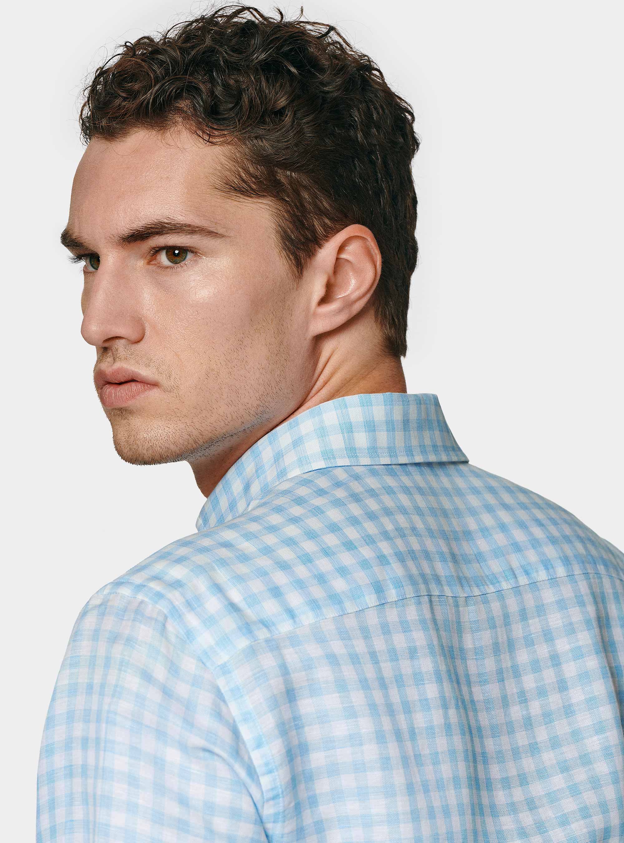 Light blue linen blend checked shirt, LIGHT BLUE