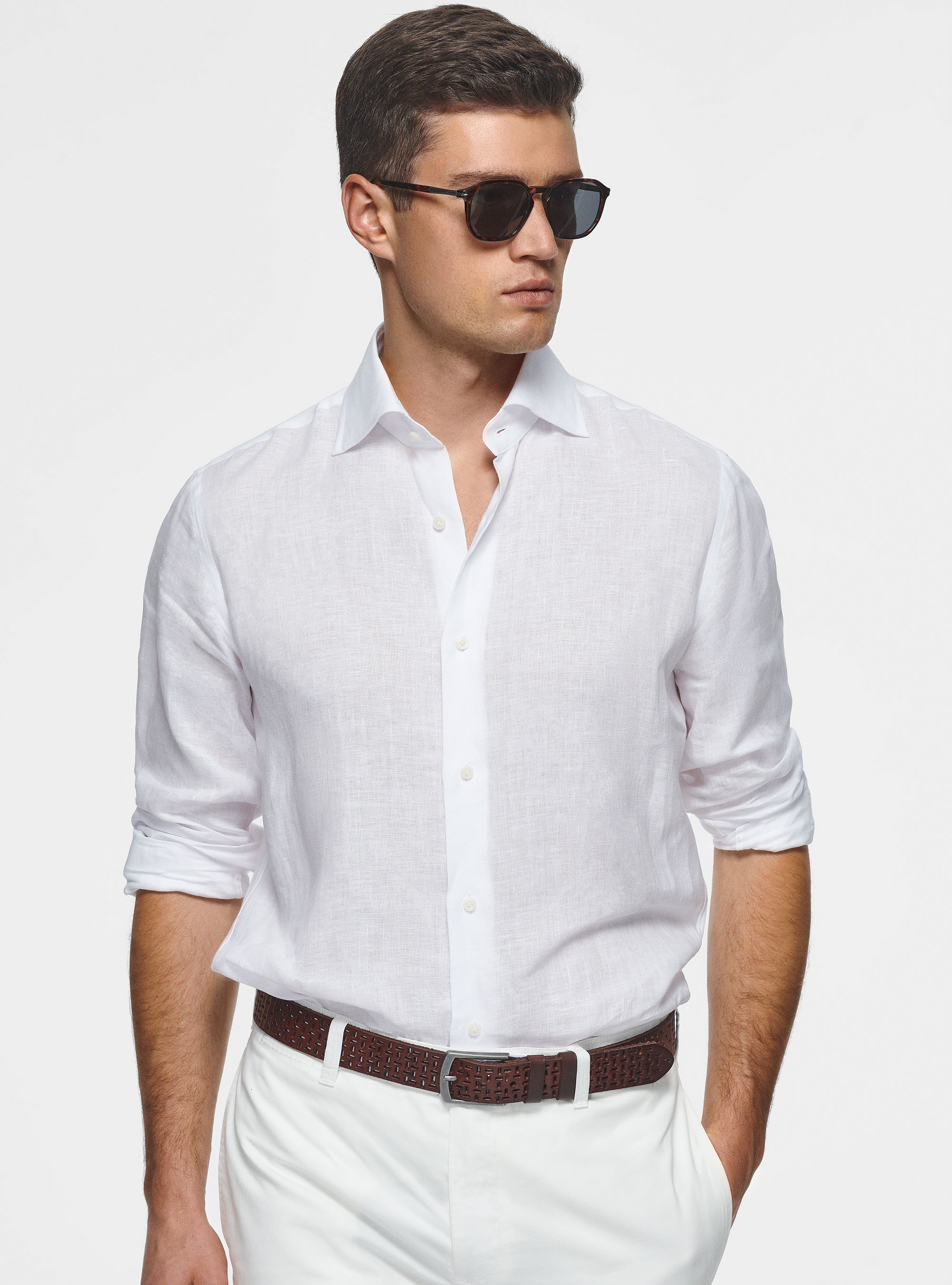 Italian collar shirt in pure linen, WHITE