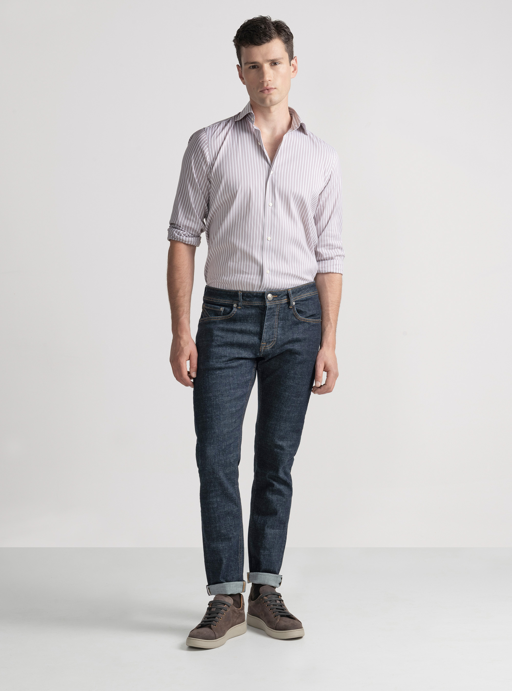Camicia rigata in misto cotone stretch, CIPOLLA