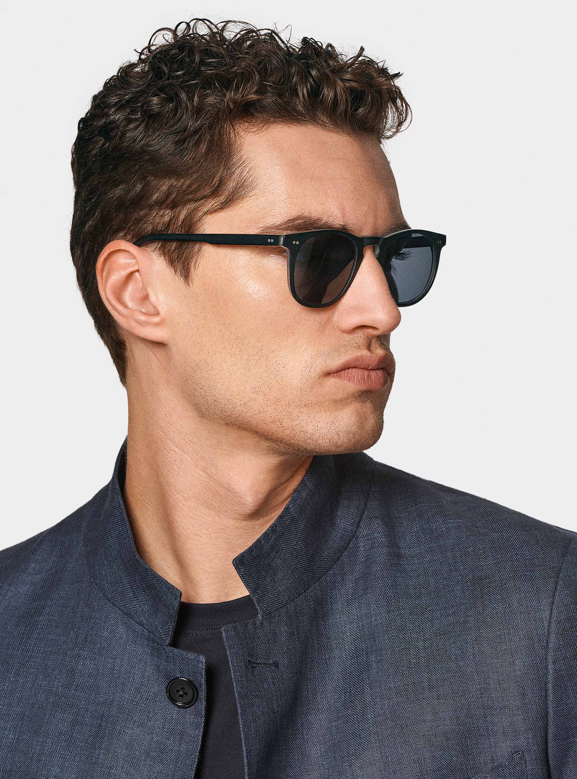 Korean blazer in pure herringbone linen, NAVY BLUE